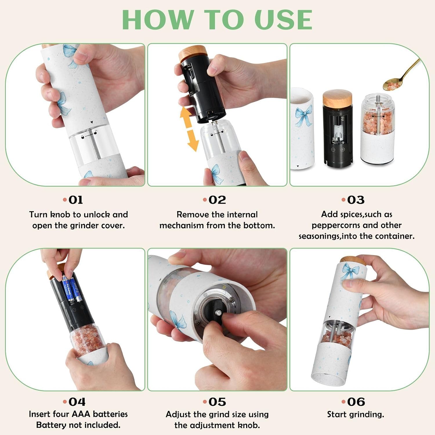 ALAZA Electric Pepper Grinder with Adjustable Coarseness, Light Blue Ribbon Bow Dots Watercolor Pattern Battery Automatic Salt and Pepper Mill with Led, One-Handed Operation Spice Grinder for Kitchen,