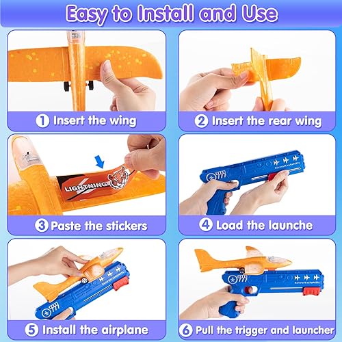 Miniatura 5 de Bigdream Paquete de 3 juguetes LED de lanzador de aviones con 1 lanzador, 2 modos de vuelo planeador catapulta avión con calcomanías, juguetes