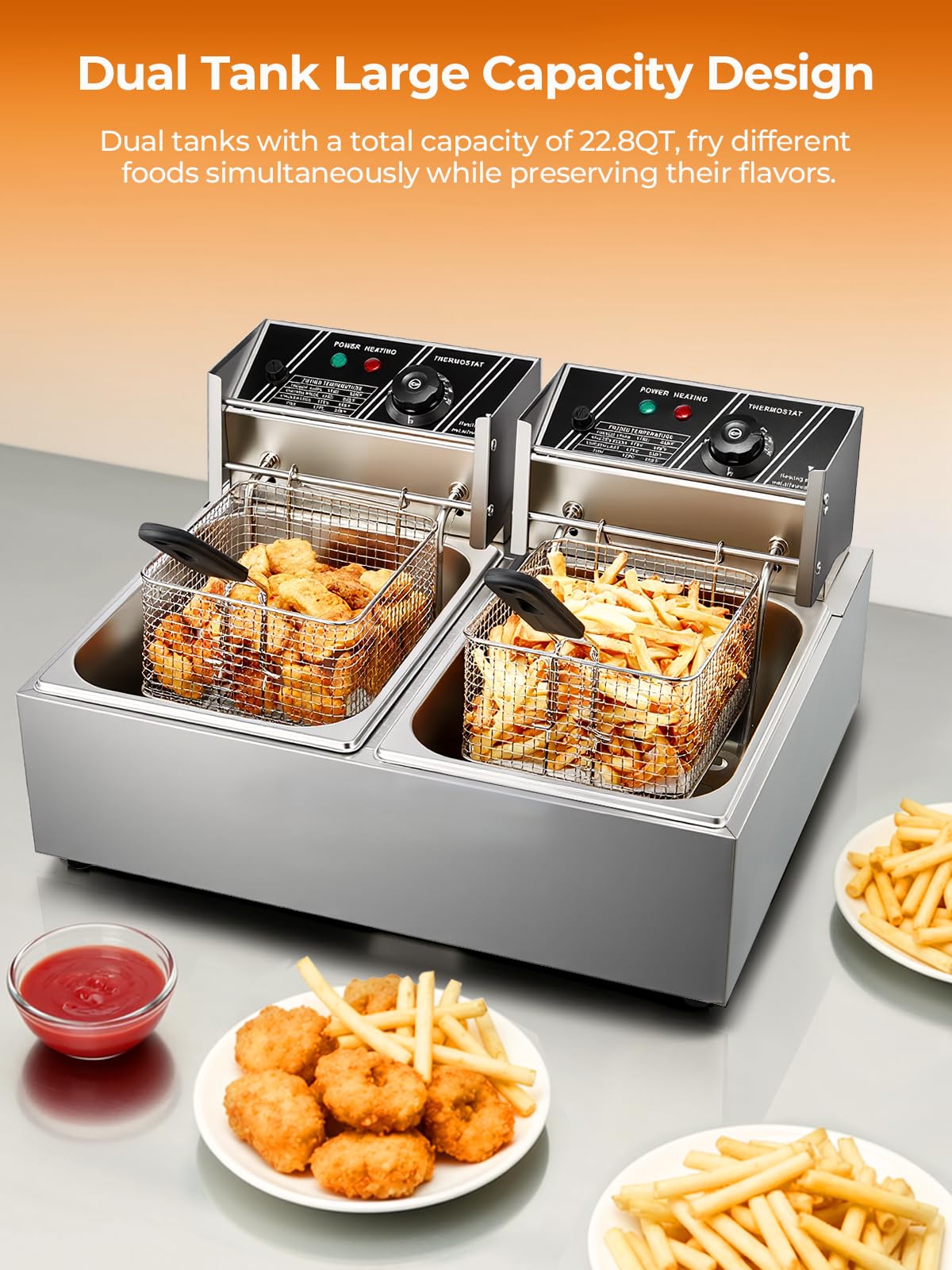 Friteuse Electrique Commerciale FOHERE, Friteuse Double de 21,6L avec Panier, Temperatura Regolabile da 60 a 200°C, Friteuse en Acier Inoxydable de 3400W pour Utilisation en Cuisine et Restaurant