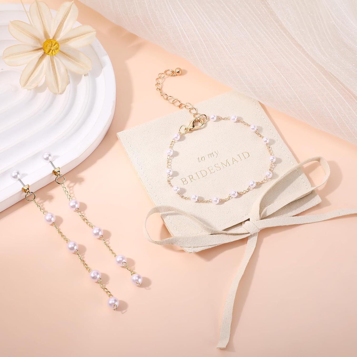 24 Pcs Bridesmaids Pearl Jewelry Bridesmaid Proposal Gifts Set of 8 Bridesmaids Bracelet Pearl Drop Earrings Jewelry Pouch Bridesmaid Gifts for Wedding Day Bridal Party Gifts Bride Tribe Maid of Honor - Image 6