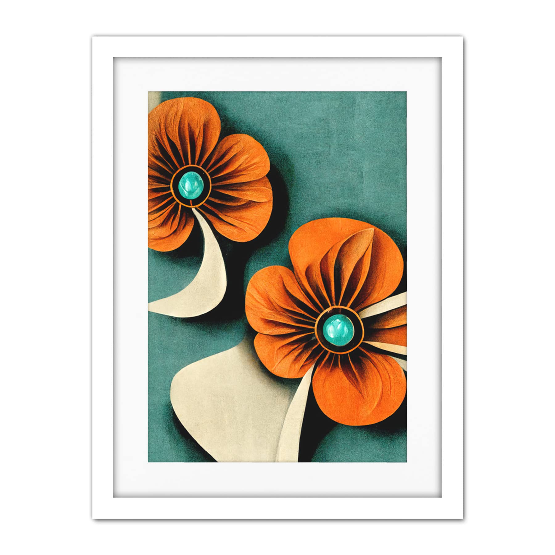 Doppelganger33 LTD Abstract Papercut Orange And Cream Flowers On Teal Artwork Framed Wall Art Print 18X24 Inch