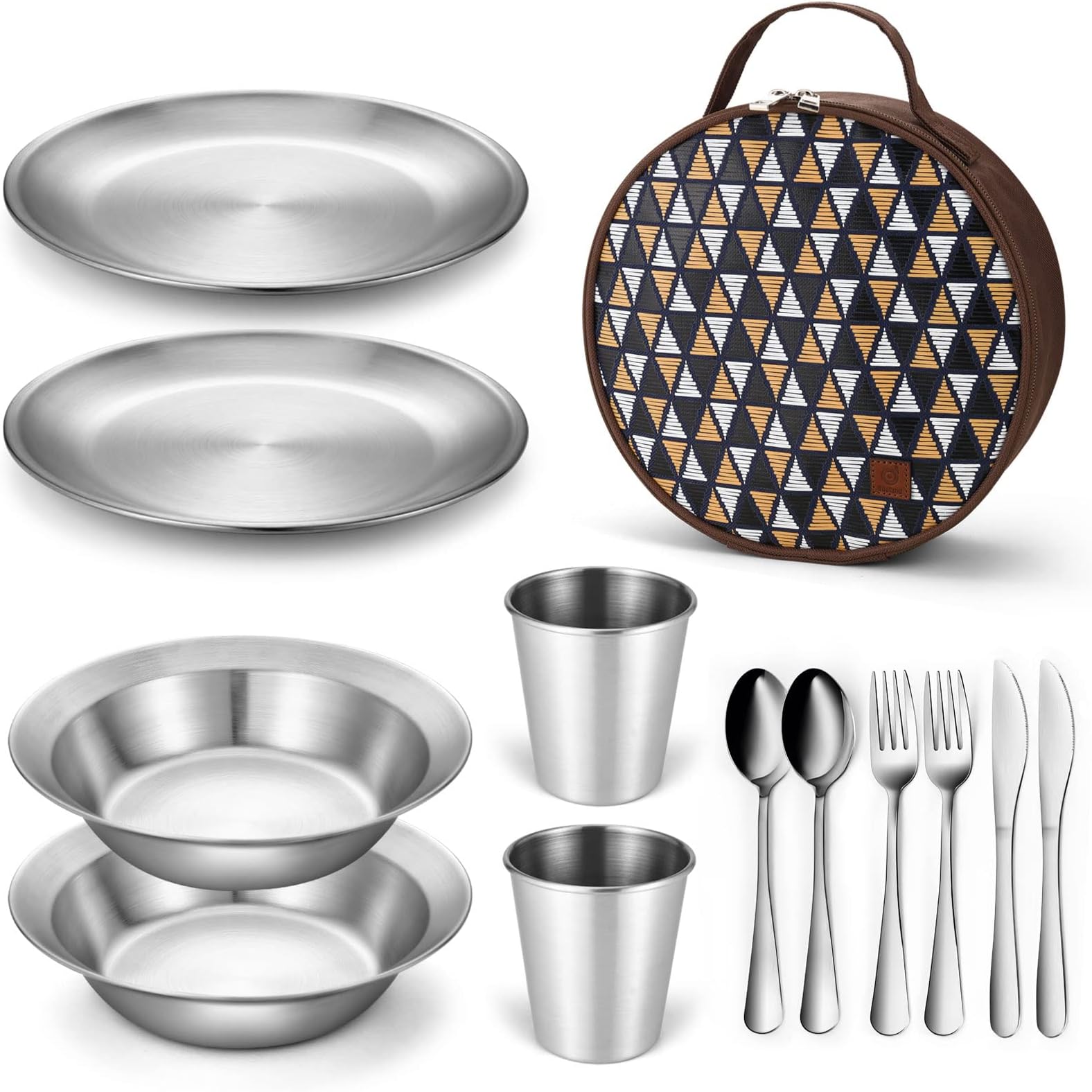 Stainless Steel Camping Mess Kit for Family & Person, Cooking Tableware Utensils with Plates Bowls Forks Spoons Knives & Savings Bag for Camping, Backpacking, Hiking, Picnic