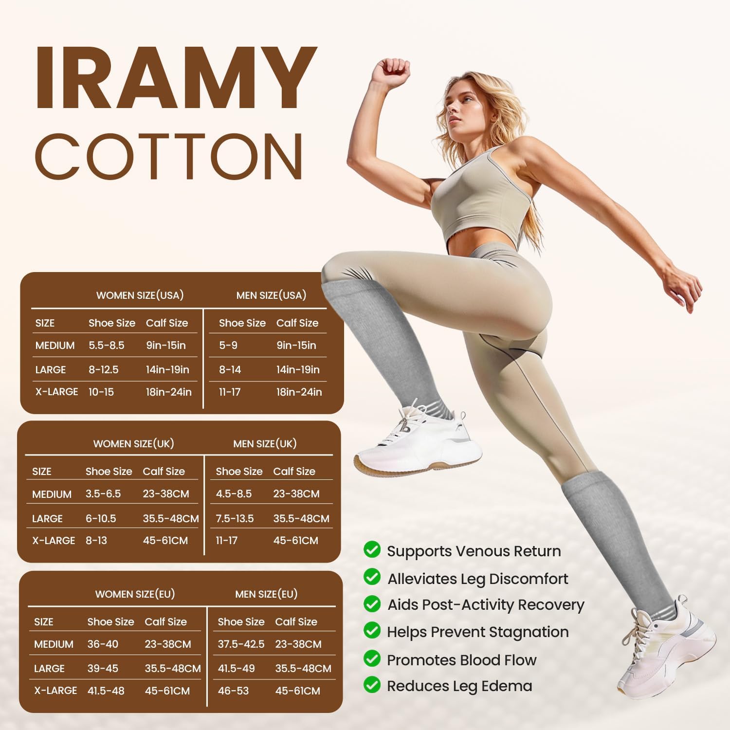 IRAMY Cotton Compression Ankle Support Socks Women Men Knee High Plantar Fasciitis Running Athletic Recovery 4 Packs