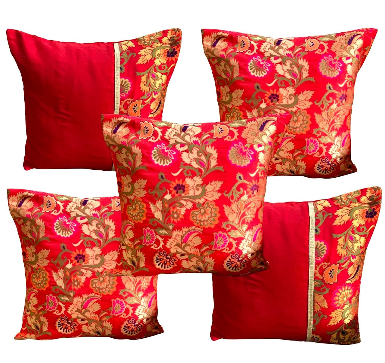 Pilovilo Silk Red Cushion Covers Mix and Match Brocade Silk Floral Size 16"x16"(Red Mix Match Oriental Pack of 5, Regular Size)