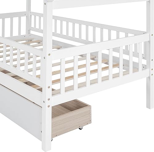 Miniatura 9 de Cama de madera de tamaño individual con dos cajones y techo, cama de plataforma con 2 cabeceros, para dormitorio de niños, adolescentes, niñas y