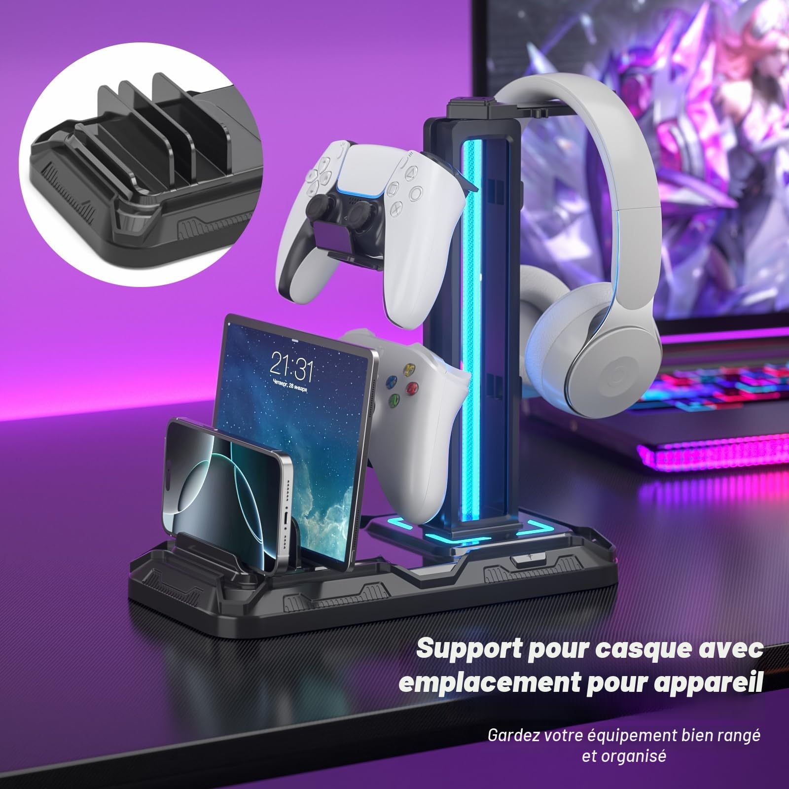 KDD Support Casque Bureau avec Support Téléphone - Support Manette Détachable avec 9 Modes d'éclairage, Repose Casque Gaming avec Ports de Charge USB, Porte Casque Rotatif pour PC Gaming Accessoire