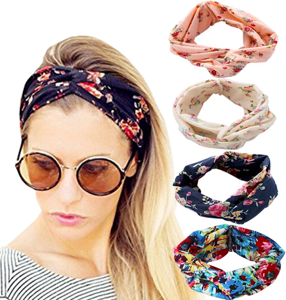 DRESHOW 4 Pack Turban Headbands for Women Hair Vintage Flower Printed Cross Elastic Head Wrap