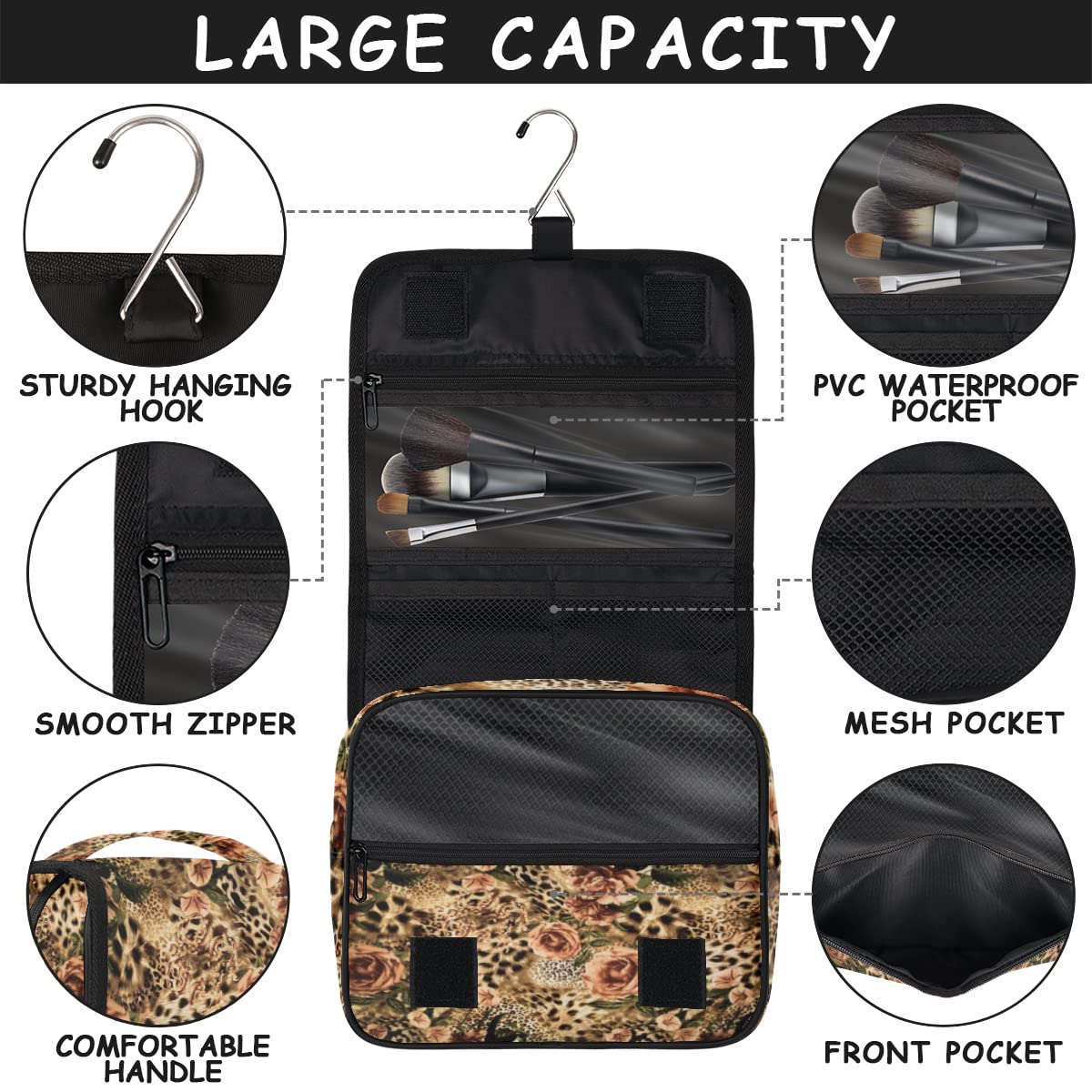 Reise-Kulturbeutel, Tiger-Leoparden-Blumendruck, Tiger, Kulturbeutel, Unisex, hängende Toilettenartikel, Kosmetik, Make-up-Organizer