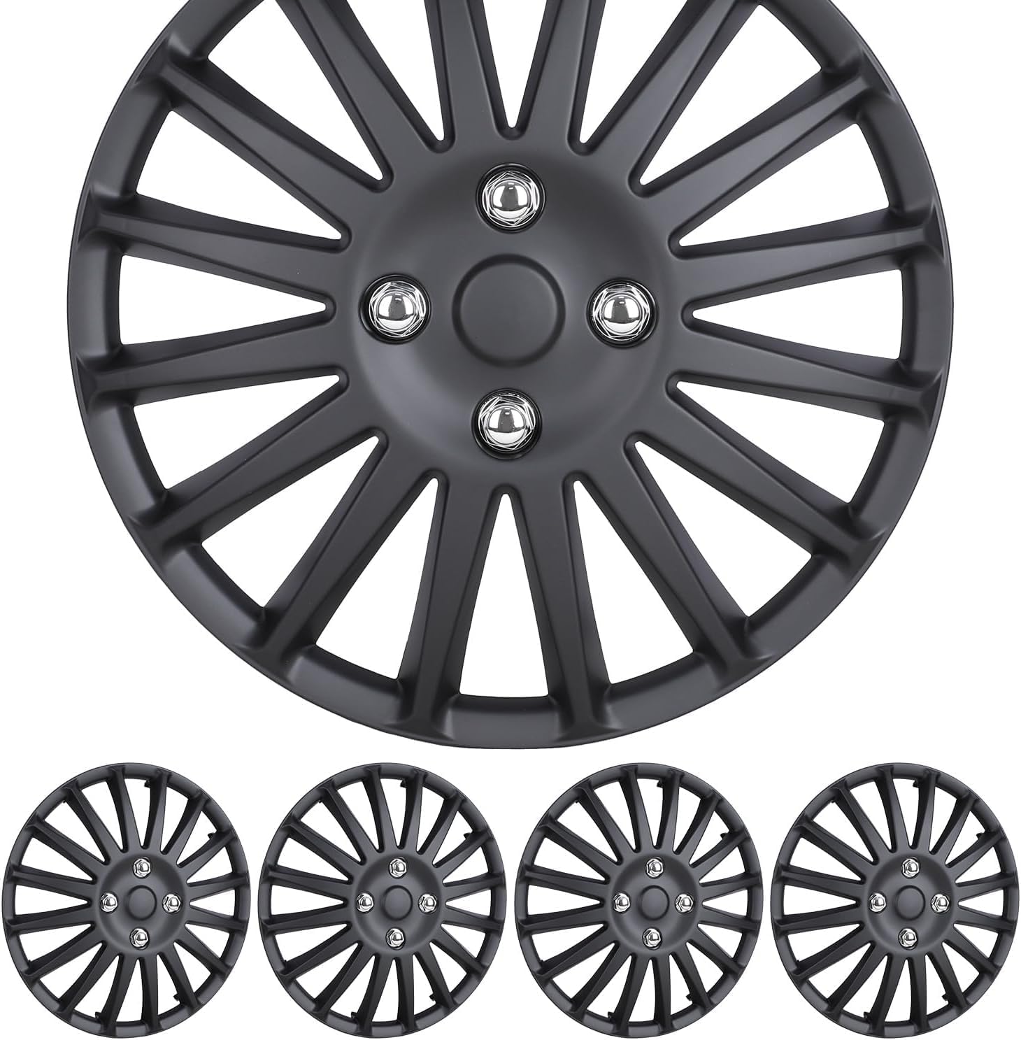 ROXX 4Pcs Set 15inch Universal Wheel Rim Cover Hubcaps Replacement (Only Fit for Iron Hub), ABS Material Snap On Car Truck SUV Hub Cap (5019,Black Matte)