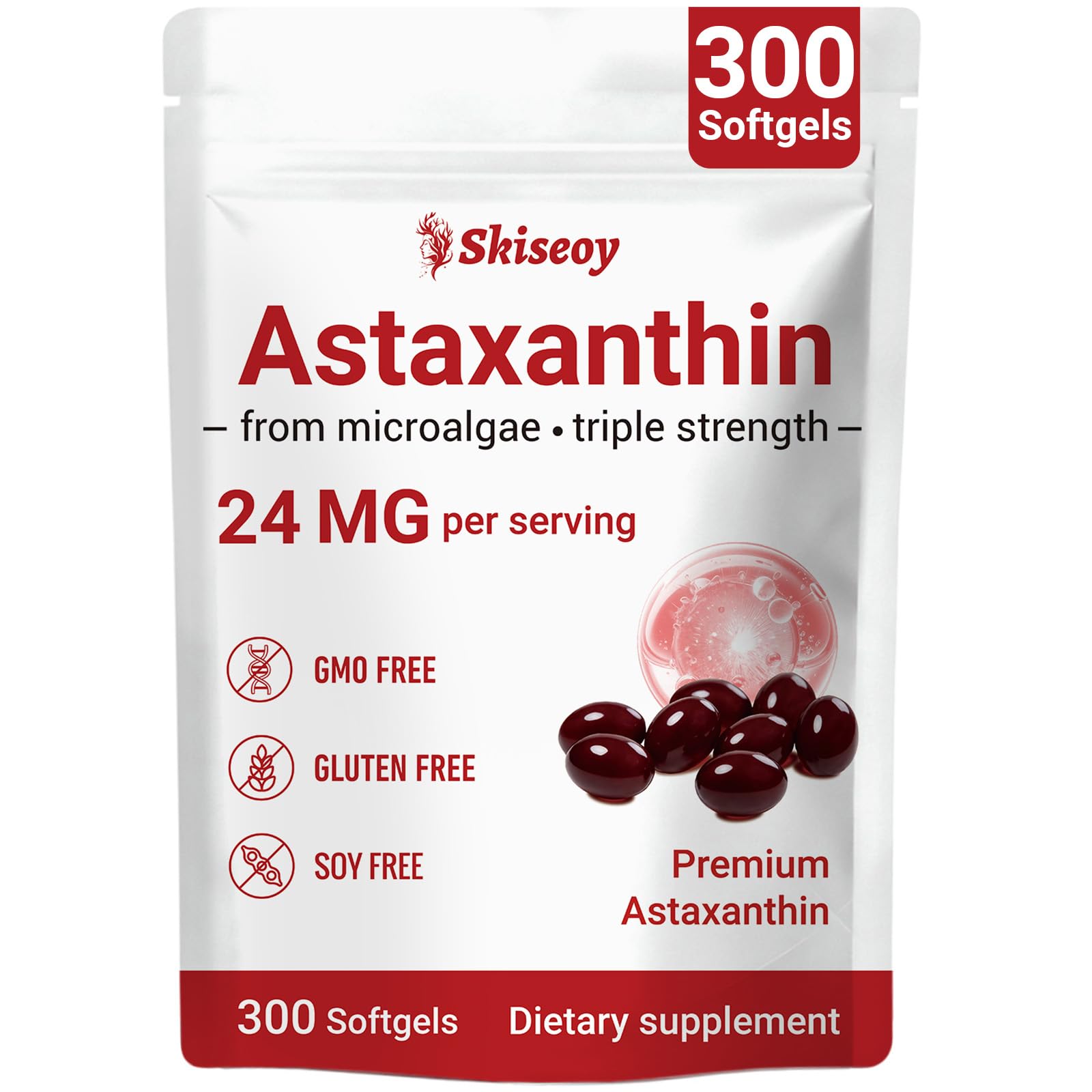 Astaksantiin 24mg, Premium Astaksantiin Antioksüdandid MCT õli, Aswagandha, Toetab Silma, Naha, Immuunsüsteemi, Siseringlust, Värske Mikrovetikate Allikas, Kolmekordne Tugevus - 300 Softgels