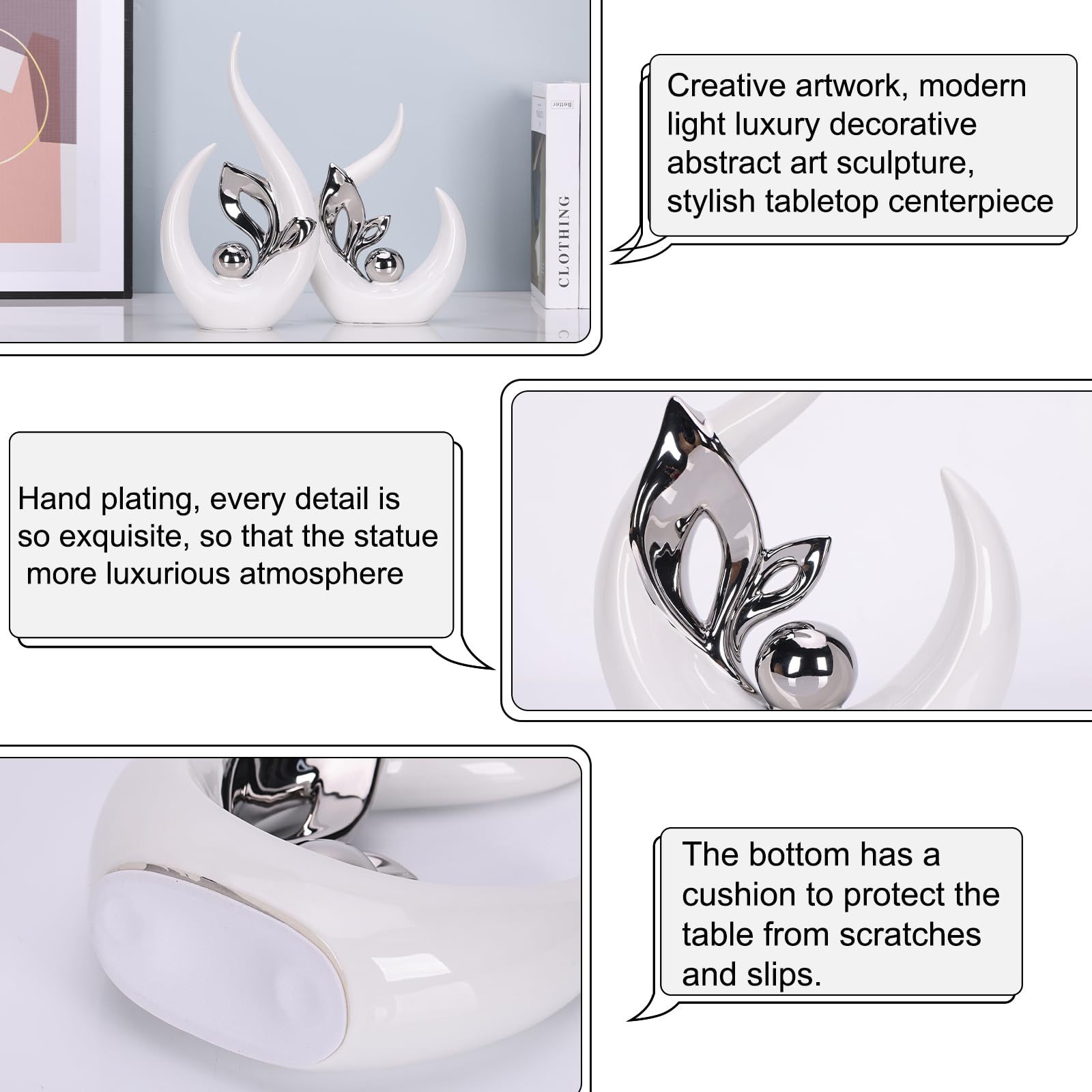 LCCCK Moderne Weiße & Silberne Keramik-Skulptur – Abstrakte Kunststatue 33cm im Skandinavischen Design für Wohnzimmer Esstisch, Büro und Eingangsbereich Dekorakzent