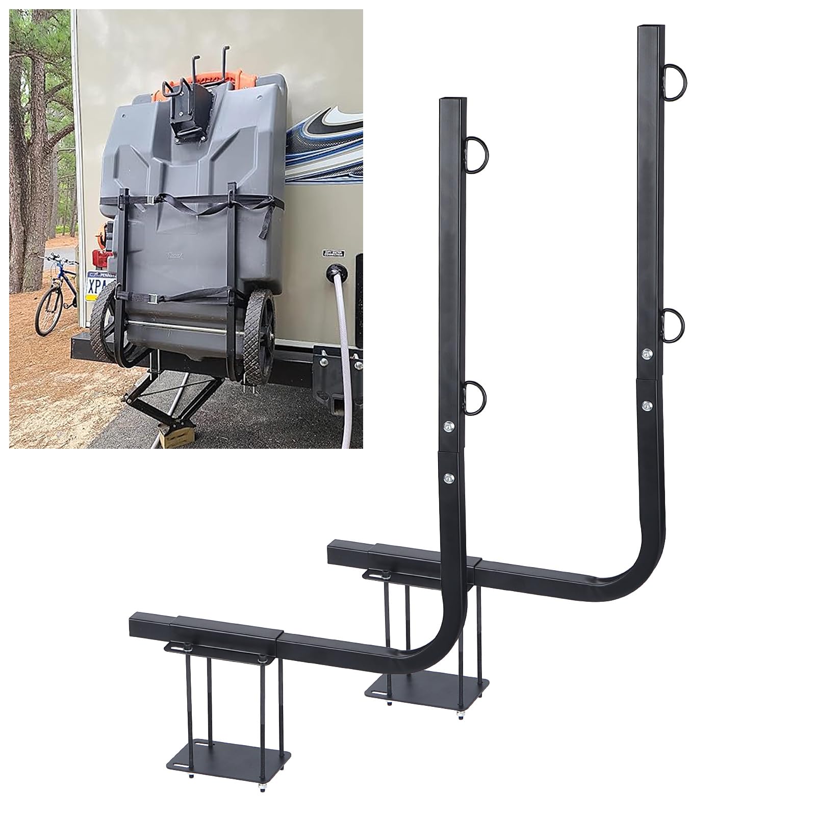 RV Tote Tank Carrier, Heavy Duty Steel RV Bumper Mount Tote Tank Holder with Straps, Fit on 4"-4.5" RV Bumpers and Compatible with 15, 21, 28, and 36 Gallons Rhino Tote Tank