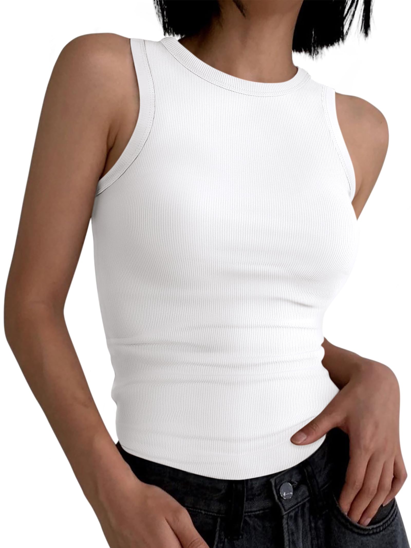 Close-up of the ribbed texture and high neckline on the ANRABESS women's tank top.