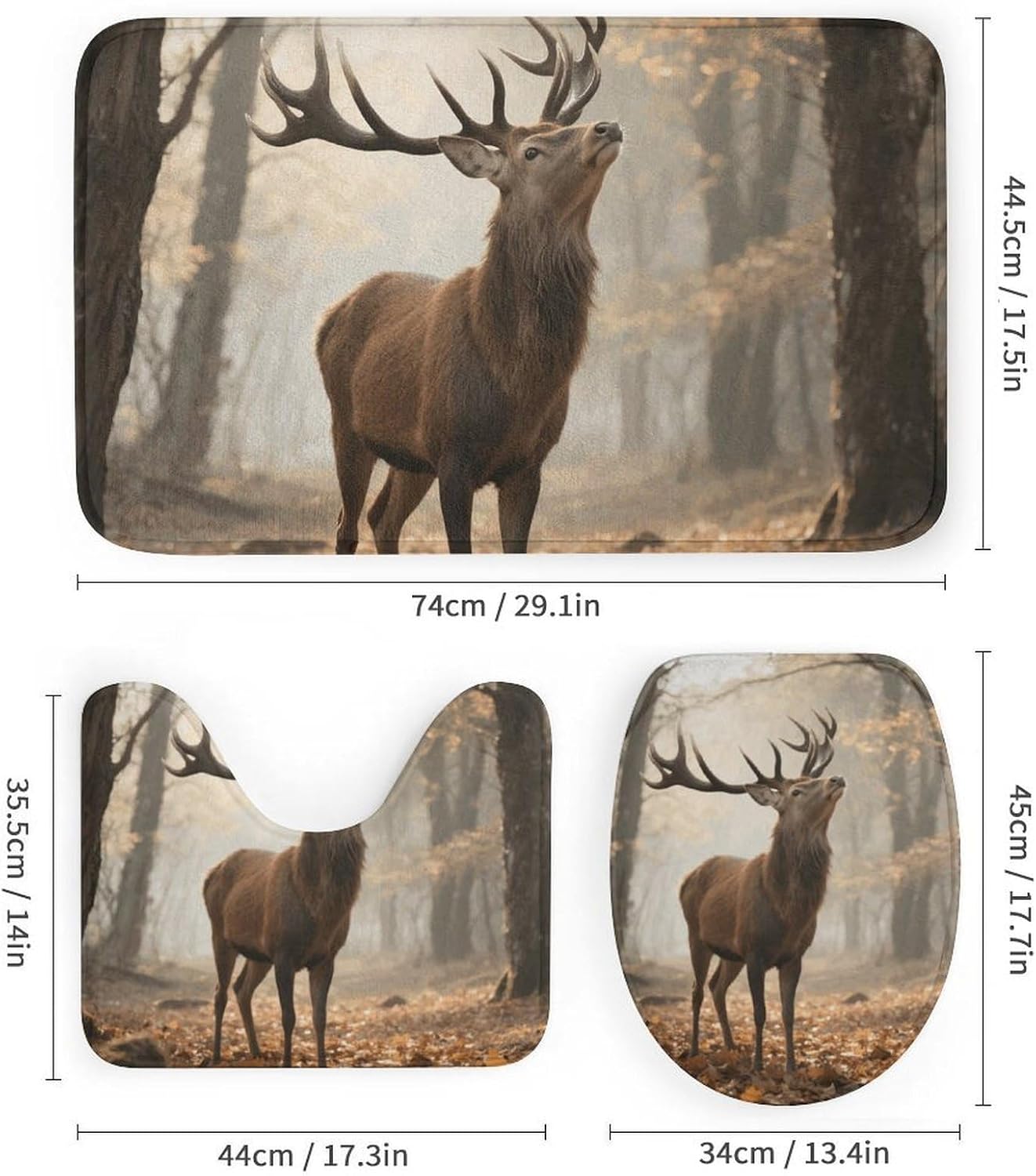 Rustic Deer Shower Curtain Set 4 Piece, Non-Slip Bath Mat with Toilet Lid Cover and Waterproof Shower Curtain with 12 Hooks, Complete Bathroom Set for Home Decor