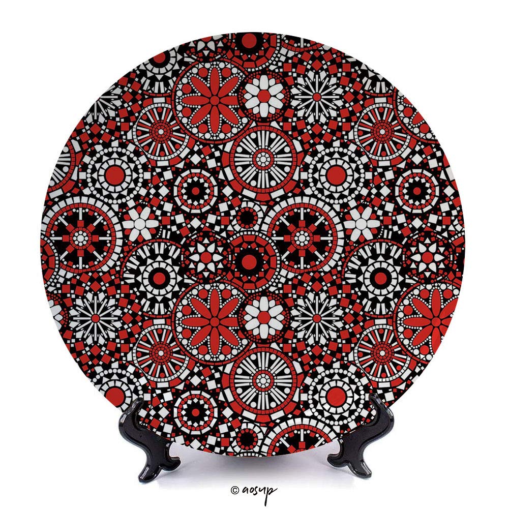 №07339 10" Dinner Plate/ Red Mandala,Geometric Shapes Forming Flower Figures Mosaic Style Artful Ethnic Design Decorative,Black White Red / Decorative Ceramic Decorative Plates,Dining Table Tabletop H