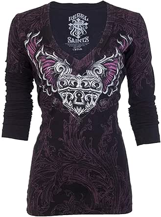 Maglietta Rebel Saint Affliction T-shirt Donna Rebel Saint By Affliction - Stile Garage Biker Con Stampa Tatuaggio, Maniche Lunghe, 100% Cotone Abarth T Shirt - Foto 11