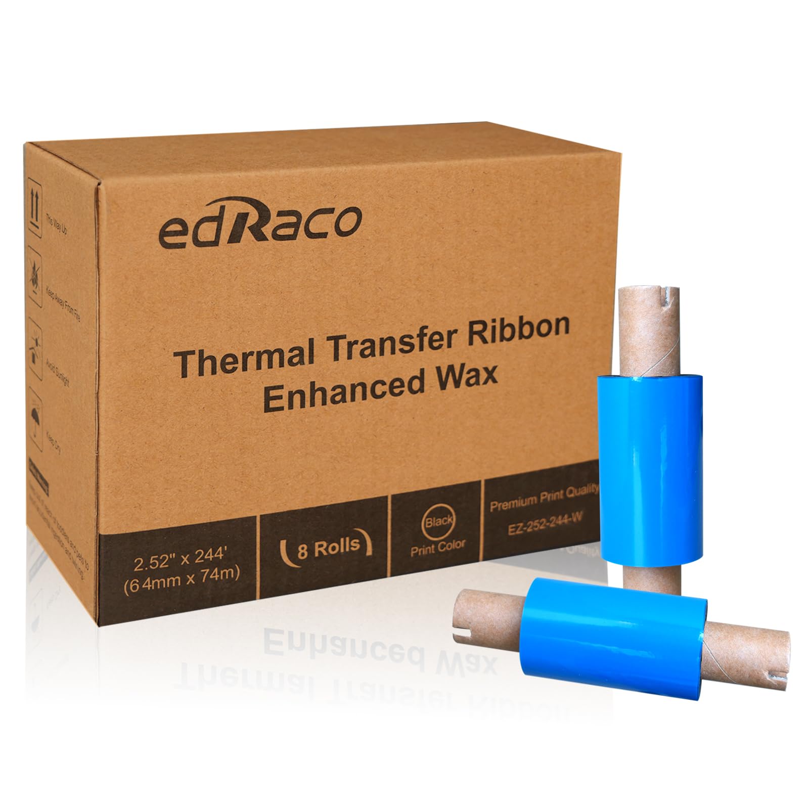 8 Rolls Desktop Thermal Transfer Ribbons -Enhanced Wax, 2.52" x 244'(64mm x 74m), 0.5” Core, for Zebra Desktop Printer