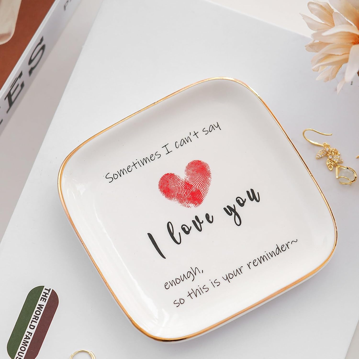 ADDWel Preserved Real Roses with I Love You in 100 Languages Necklace & Ceramic Jewelry Dish Tray - Romantic Valentine's Day, Anniversary, Birthday Gifts for Women, Wife, Girlfriend