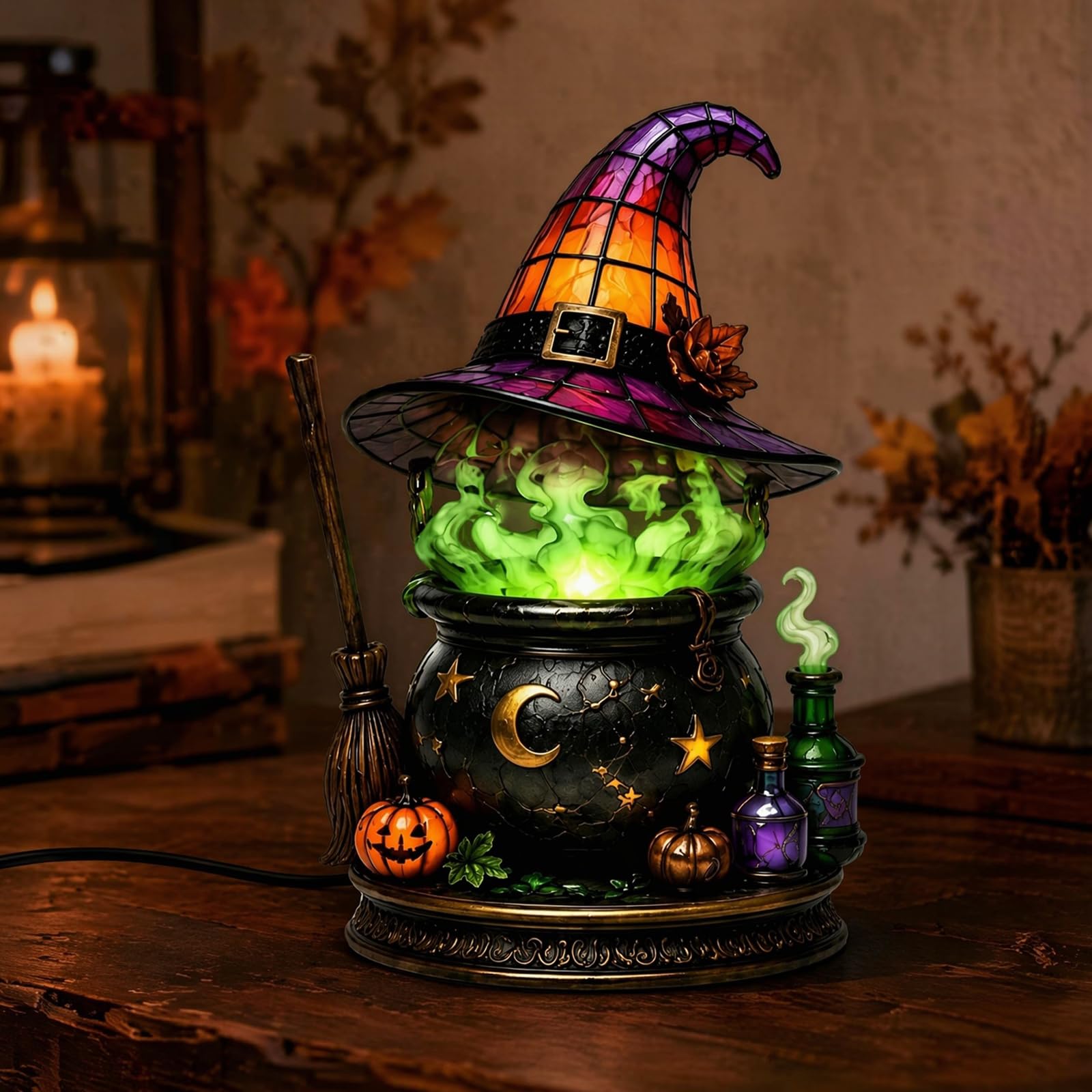 Stained Glass Witch Hat Lamp, Gothic Witch Hat Night Light