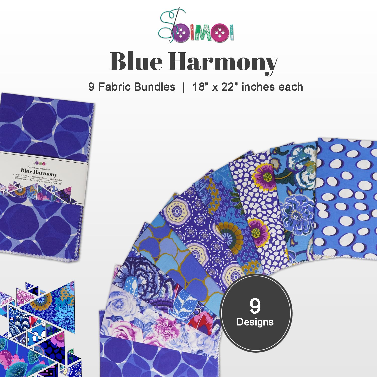 Soimoi 9 Pezzi Fat Quarter Bundle Tessuto di Cotone 100%, Forniture per Fai da Te Tessuto Patchwork Quilting, Tessuto per Cuscini Patchwork Quilting Tessuto di Cotone per 18" x 22" - Blue Harmony