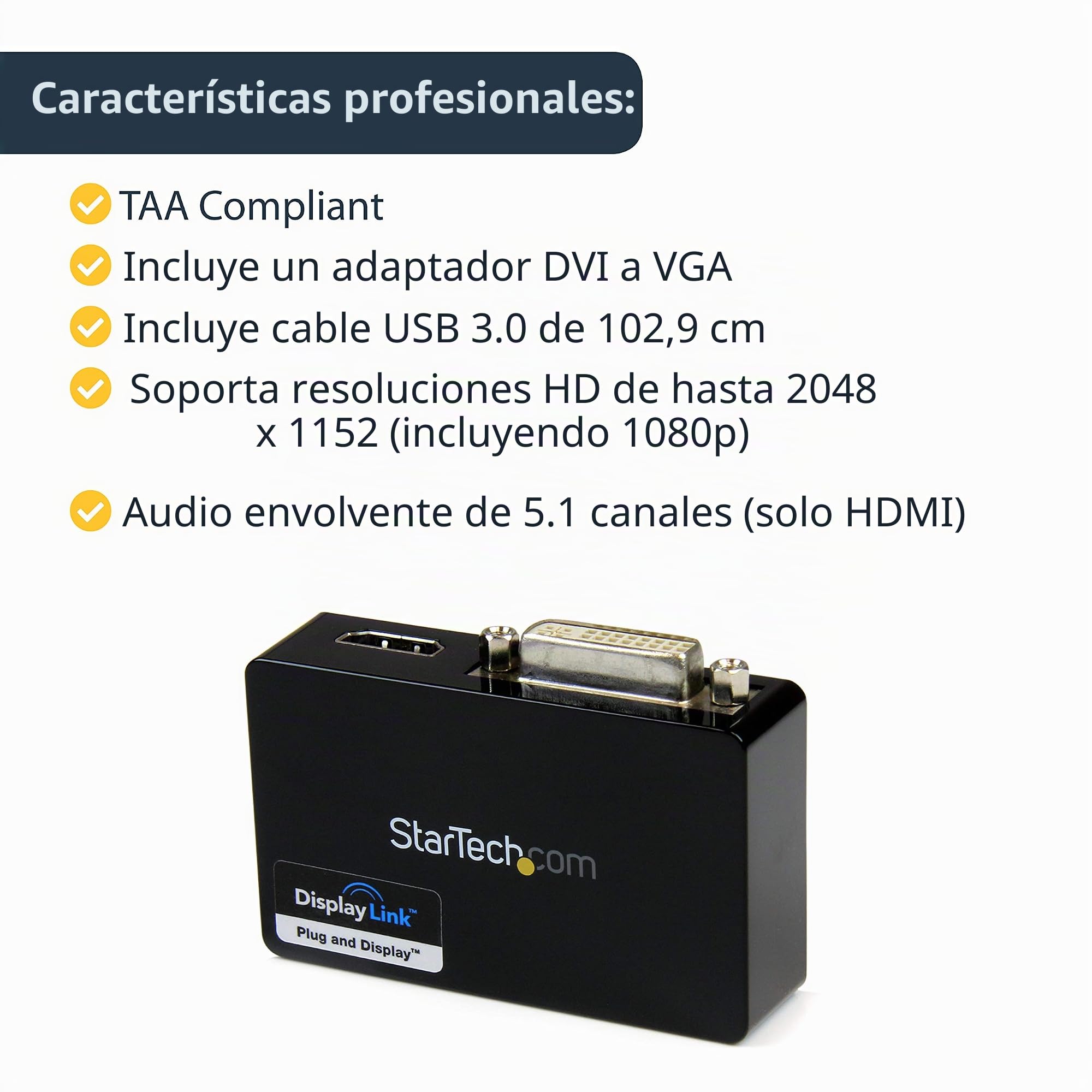 StarTech Cable Adaptador USB 3.0 a HDMI y DVI, Monitor Doble, 2048x1152 | Diseño de cabezal doble con HDMI y DVI-I simultáneos, Alimentación por USB sin corriente externa
