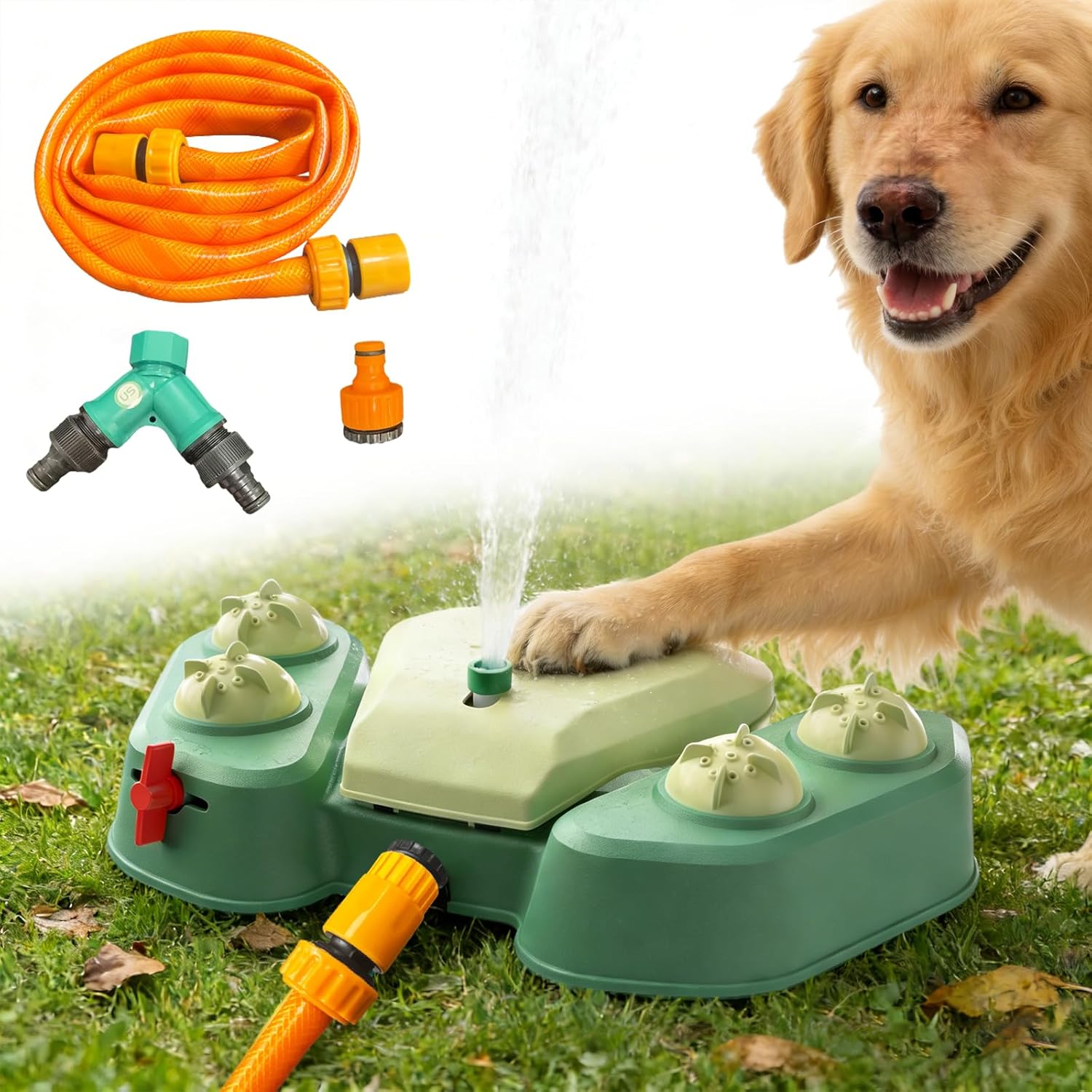 Outdoor Dog Water Fountain Step On, 2-in-1 Drinking & Sprinkler Water Dispenser, Paw Activated Drinking Dispenser for Yard, Garden, Lawn Interactive Summer Cooling Toy for Medium Large Dogs
