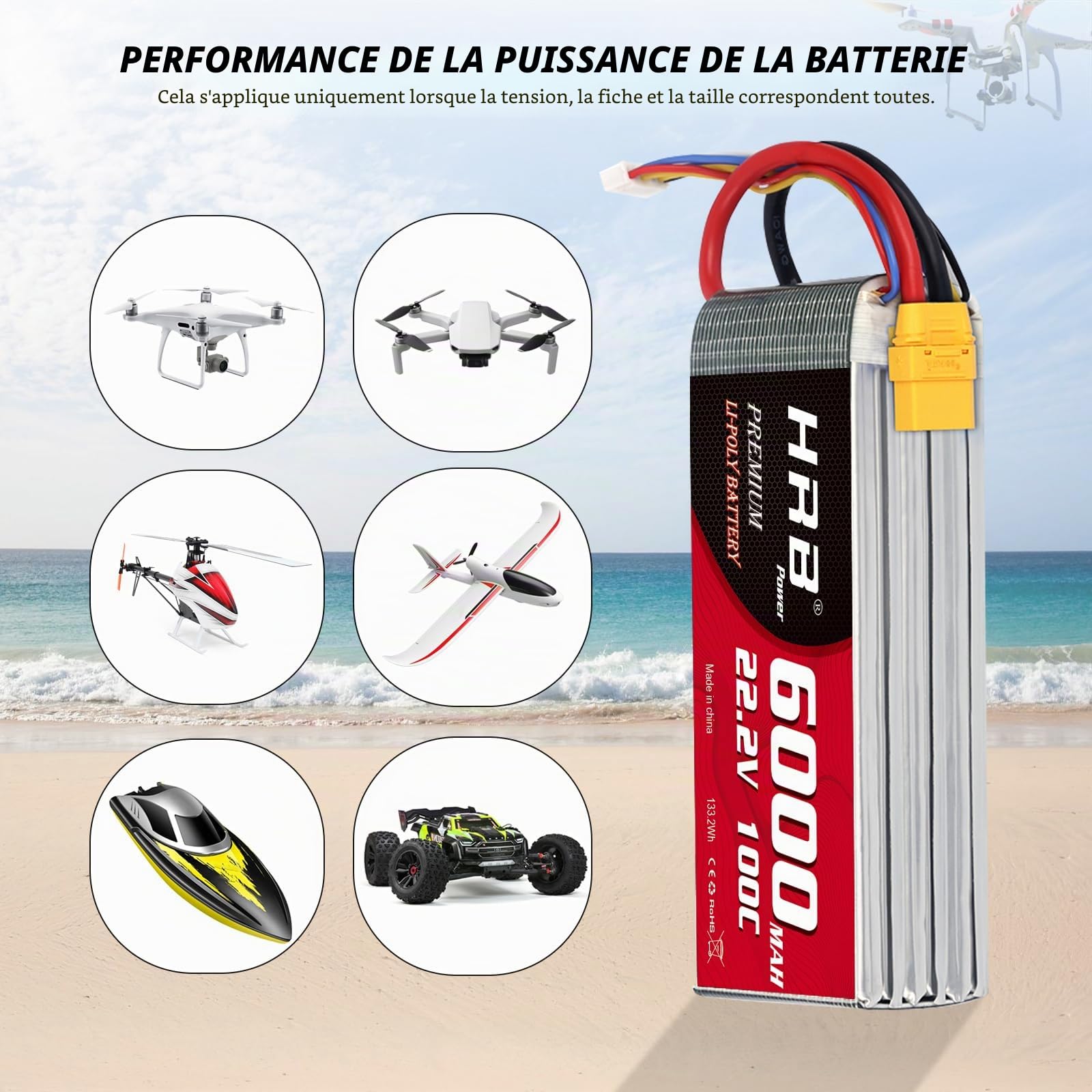 HRB 6S 6000 mAh 100 C Batterie LiPo XT90 22,2 V - Batterie LiPo RC Compatible avec hélicoptère RC, avion, voiture, bateau, camion - 2 pièces