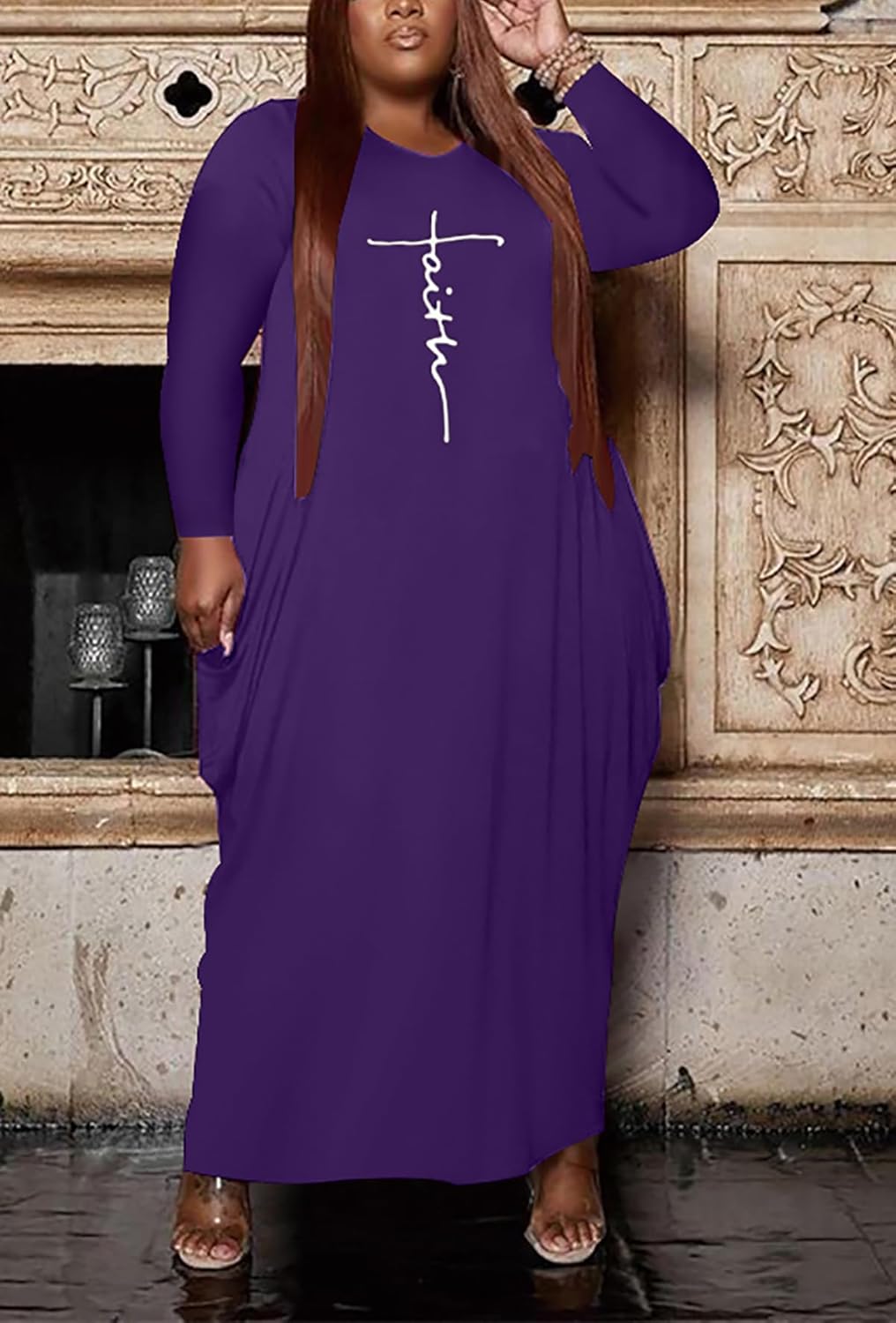 Women’s Casual Loose Plus Size Maxi Dress Graphic Print Long Sleeve Baggy Long T-Shirt Tunic Dress with Pockets - Image 2