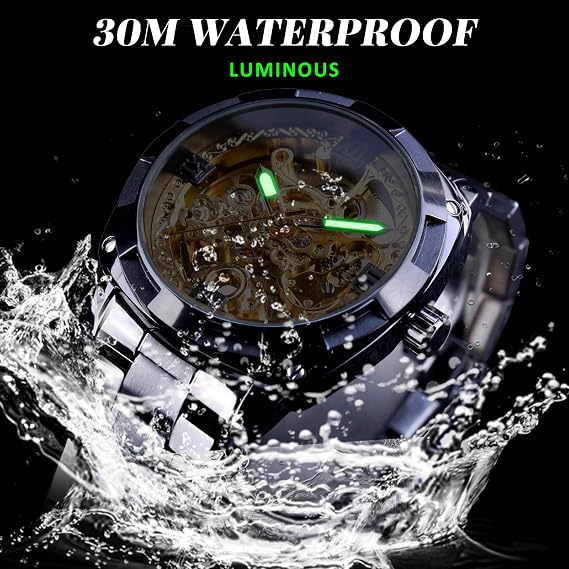 FORSINING Men's Luxury Skeleton Watch Engraved Hollow 41mm Big Dial Square Bezel Wrist Watch Automatic Mechanical Men Watches, multicolor black / gold, Classic