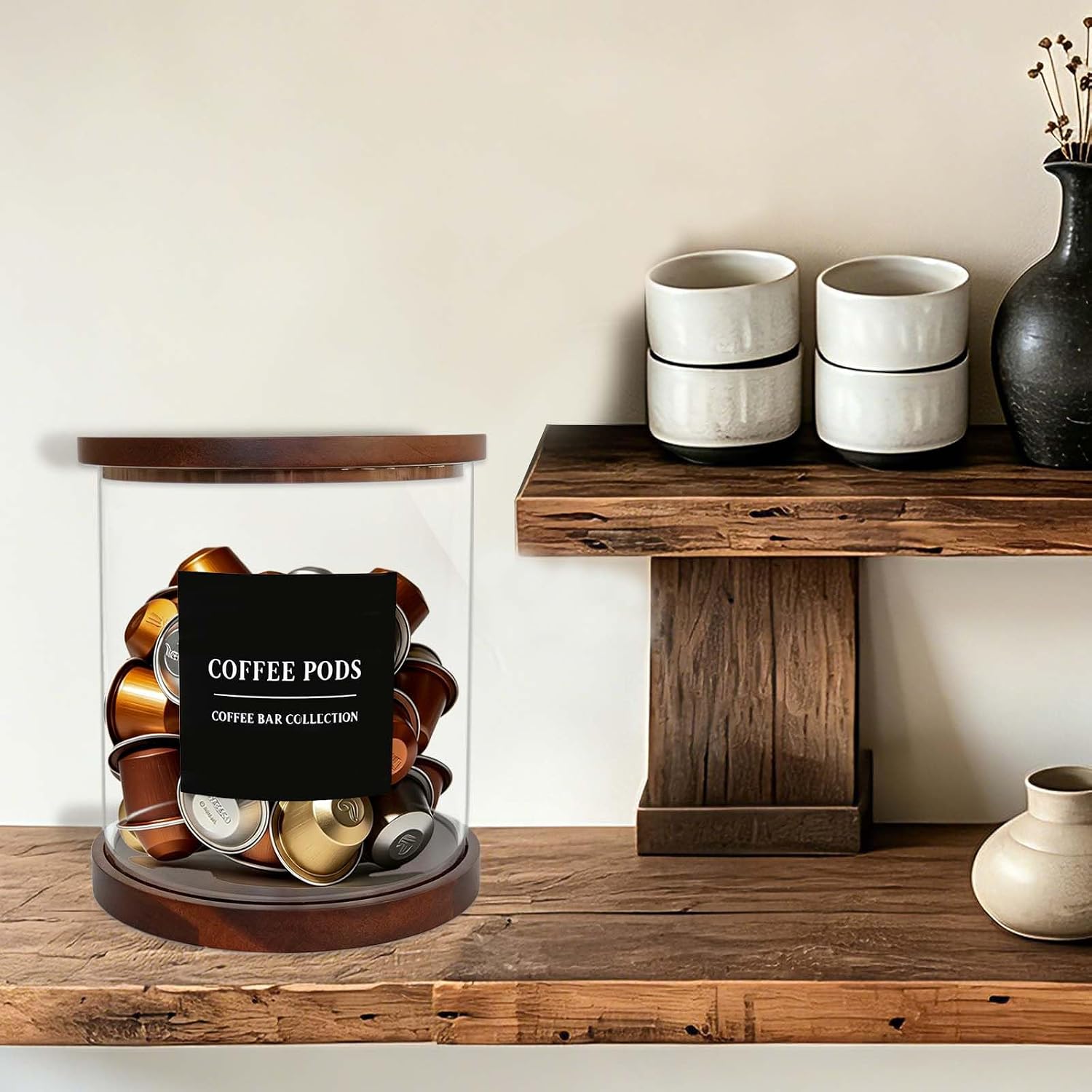 Coffee Pod Holder, Acrylic Coffee Pod Organizer Storage with Acacia Wood Lid and Extra Labels, Large Capacity Espresso Coffee Capsules for Coffee Bar Countertop Kitchen Decor