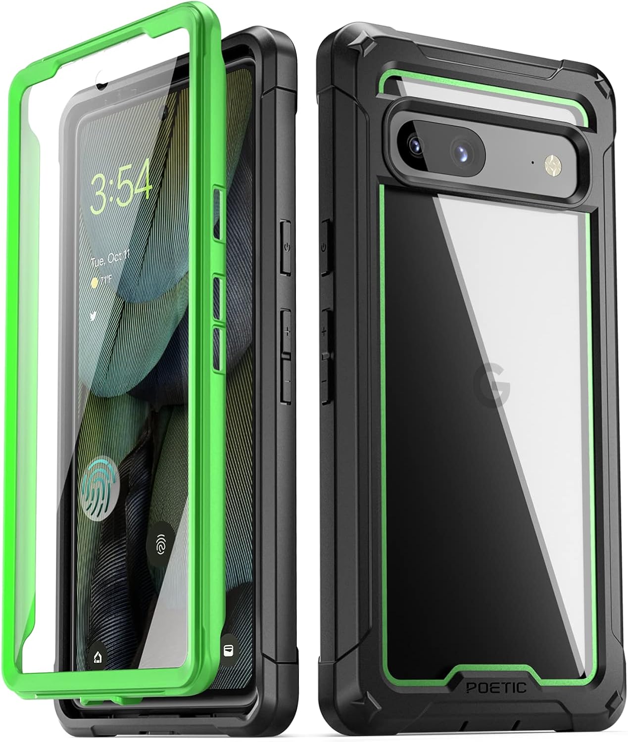 Poetic Guardian Case Compatible with Pixel 7A 5G, Built-in Screen Protector Work with Fingerprint ID, Full Body Hybrid Shockproof Protective Rugged Clear Bumper Cover Case, Green/Clear