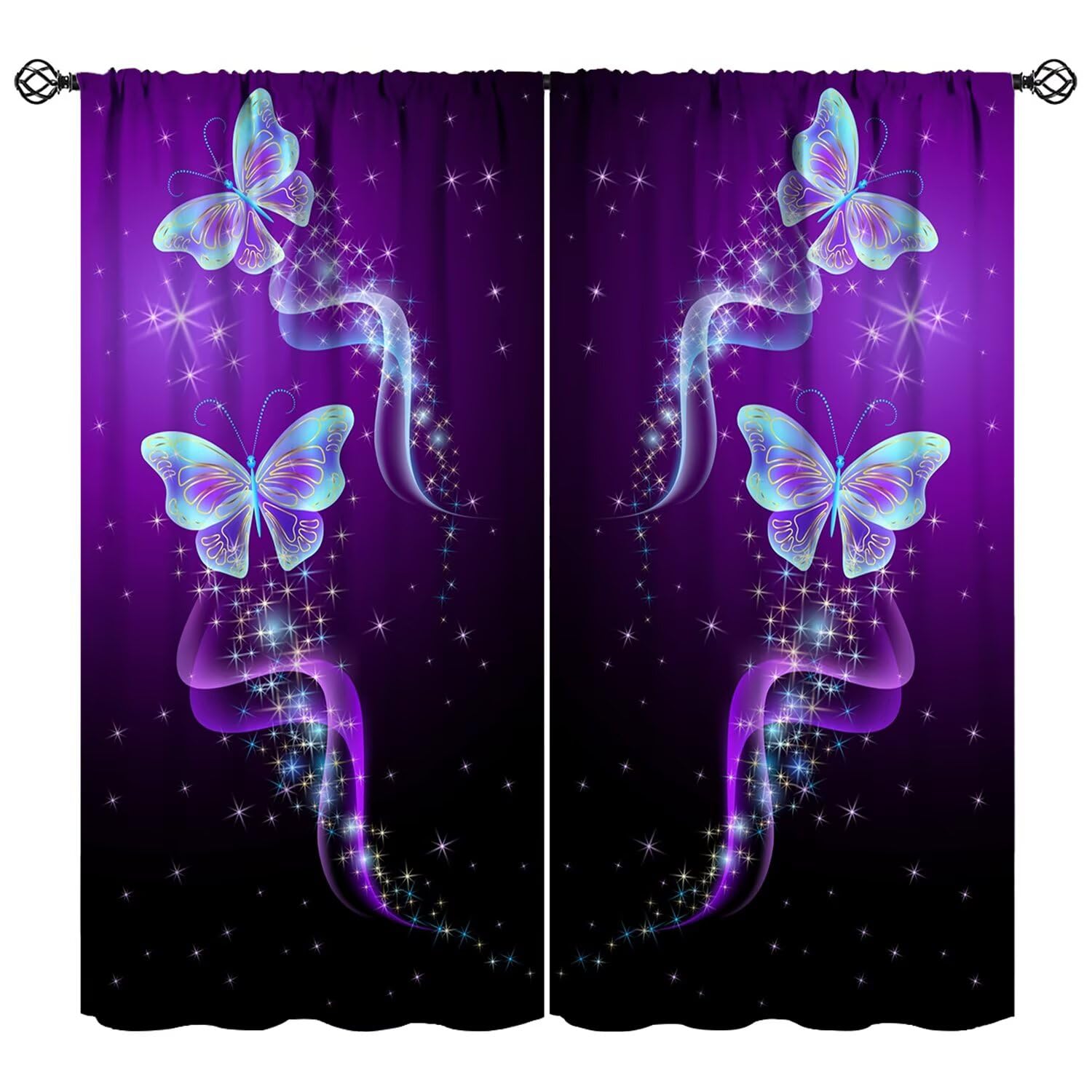 JESTRONRY Purple Butterfly Curtains,Glowing Butterflies Black Background Window Drapes for Living Room Bedroom Kitchen Bathroom Home Decor 52" W X 84" L