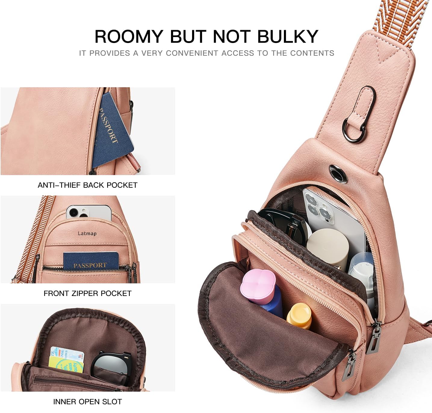 LATMAP Sling Bag For Women Faux Leather Small Casual Daypack Backpack Fanny Pack Crossbody Chest Bags Purse