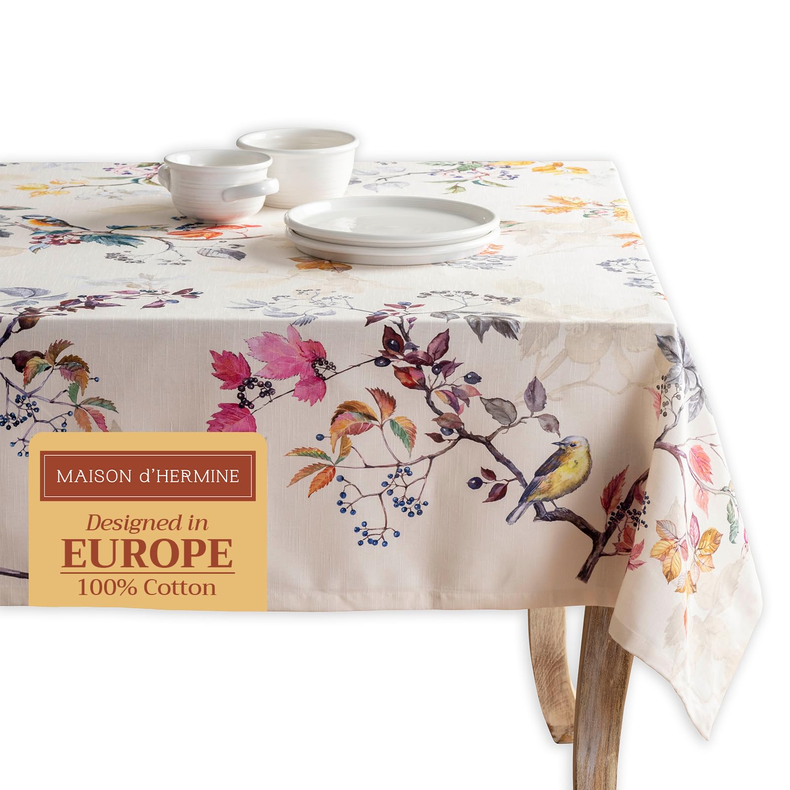 Maison D' Hermine 069 - Equinoxe - Beige Table Cloth Rectangle Table 100% Cotton 230 Cm X 140 Cm Tablecloth Reusable Everyday Use For Christmas Decorations Dining Farmhouse Home Party Festive (Equinoxe - Beige)