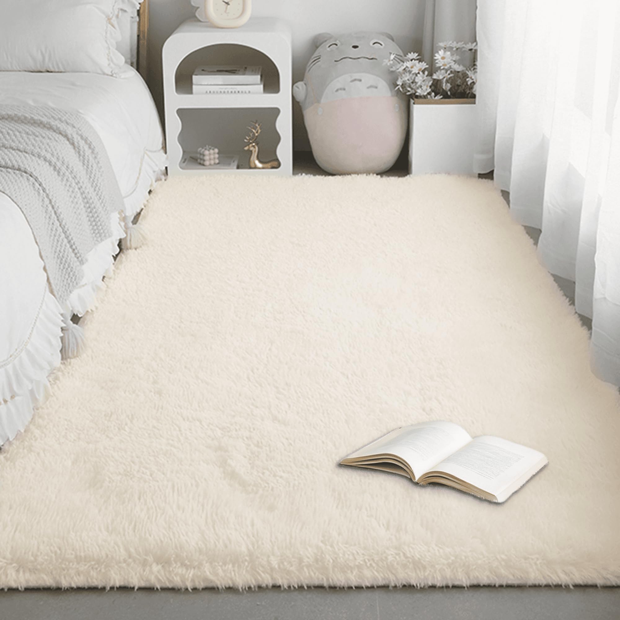 Tapis chambre 220 x 350 cm crème et grand tapis de salon moderne et lavable