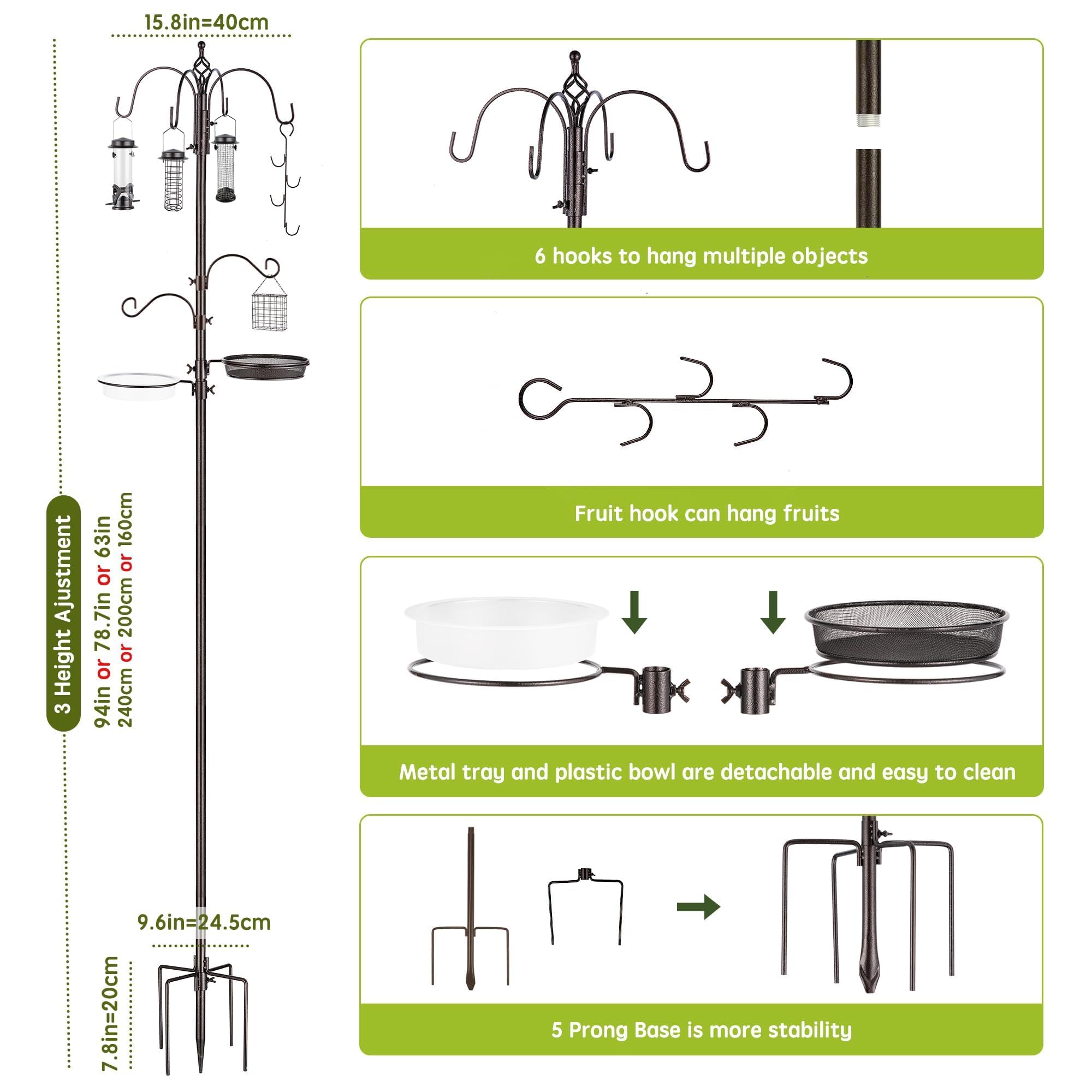 Estación de comedero para pájaros con jaula de sebo y cuenco de agua, gancho de frutas, poste ajustable, 6 ganchos para colgar para pájaros silvestres, kit de alimentación de pájaros de jardín al aire