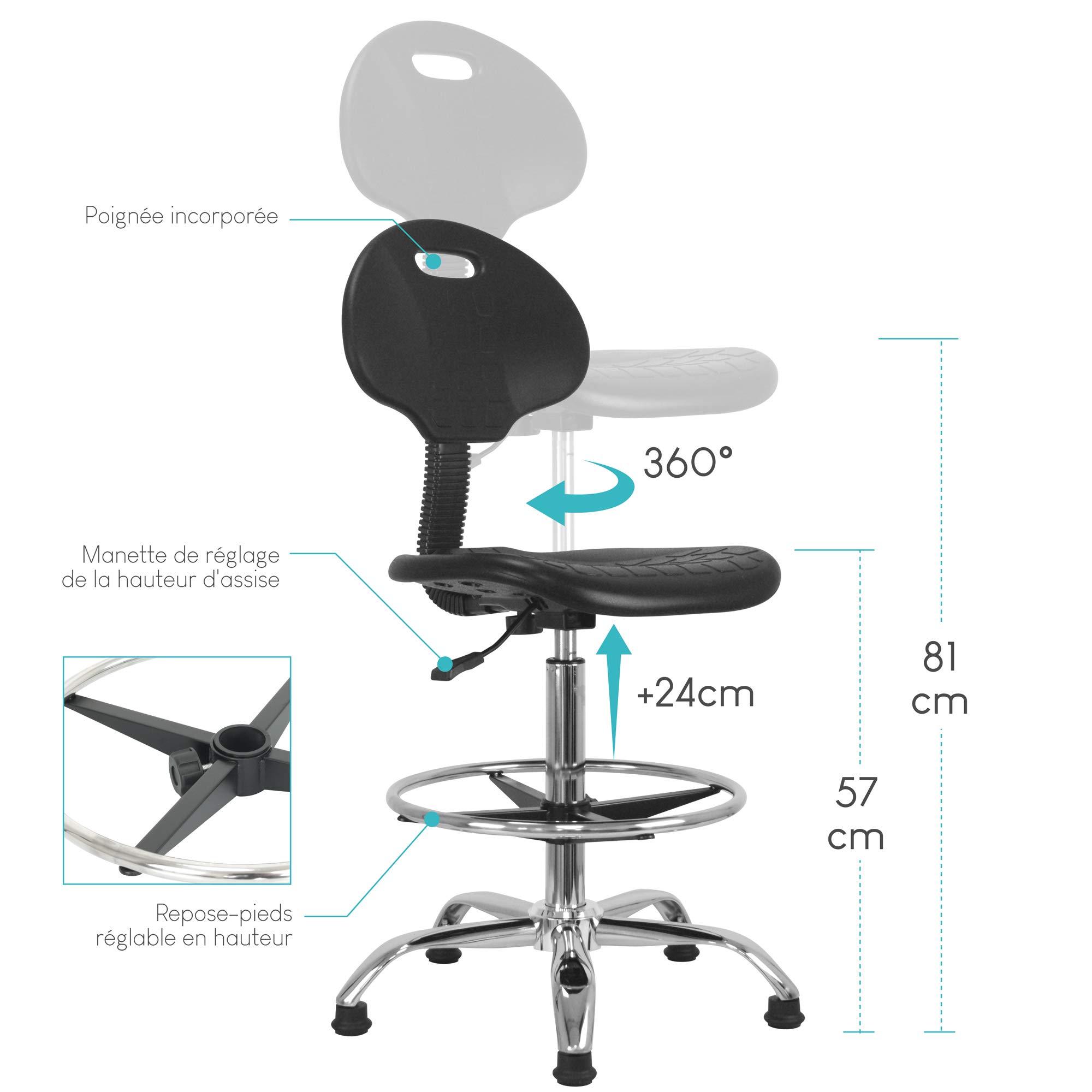 Siedzisko i stojące, wysoki stołek biurowy z oparciem, regulowany 57-81 cm, ergonomiczne siedzisko, regulowany podnóżek, chromowana metalowa konstrukcja, do biura i wysokich stołów