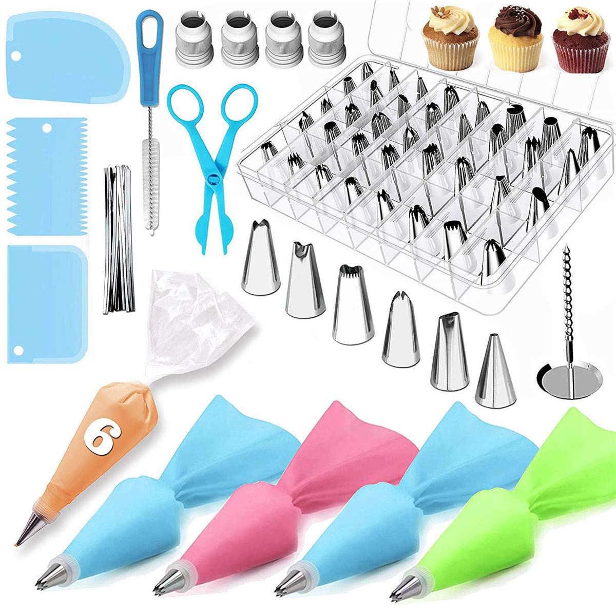 Cake Decorating Supplies Kit, 72 Pack Cake Piping Nozzles Pastry Bags Set, 6 pcs Disposable Pastry Bags, 4 Silicone Piping Bags, 42 Decorating Tips, 3 Icing Smoother, 4 Couplers