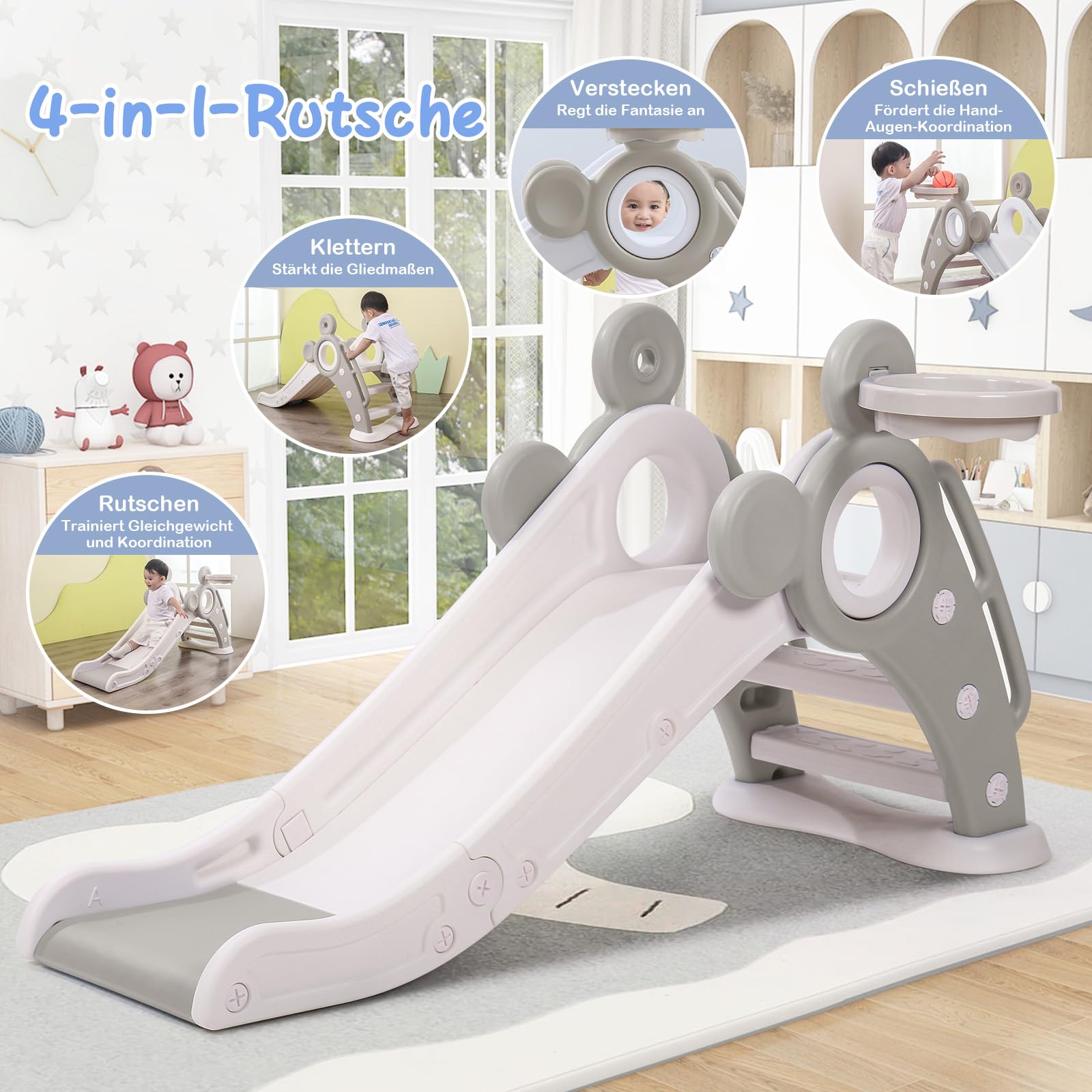 YOLEO Rutsche Kinder Fun-Slide mit Basketballkorb Faltbar Gartenrutsche für 2-3 Jahre Indoor Outdoor Grau