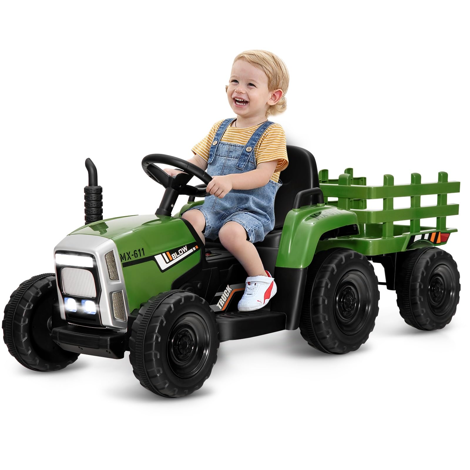 OLAKIDS 12V Kids Ride On Tractor, 2 in 1 Electric Vehicle with Remote Control, Detachable Trailer, Toddlers Battery Powered Driving Toy with 2 Speeds, Music, USB, Bluetooth, Lights (Greyish-Green)