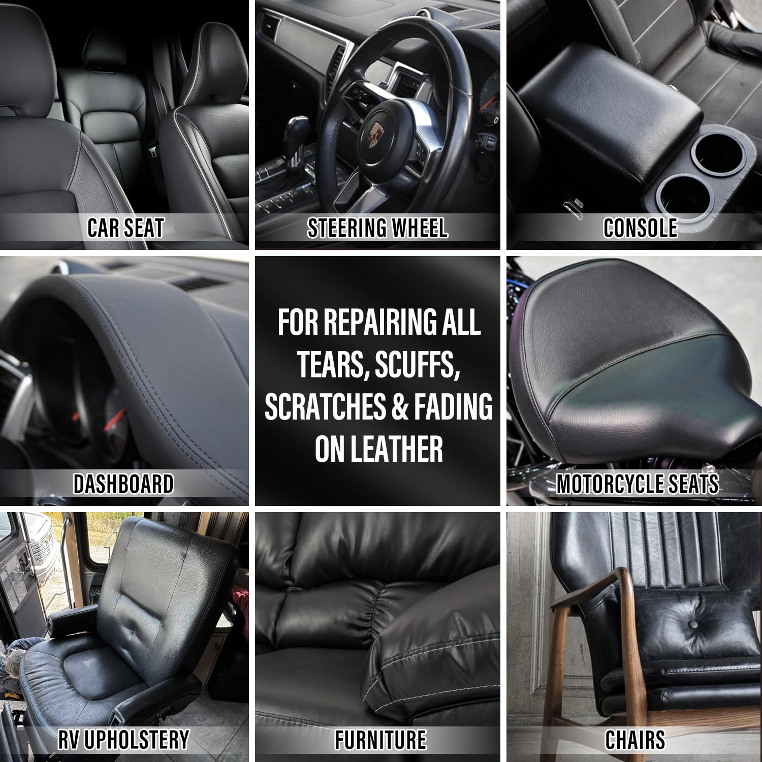 Black Leather Repair Kit for Car Interior, Vinyl Repair Kit for Car Seats, Couch, Boat, Sofa & Purse, Fix Scratch & Rip on Artificial, Faux, Genuine Leather, Easy for Anyone to Match Ideal Color