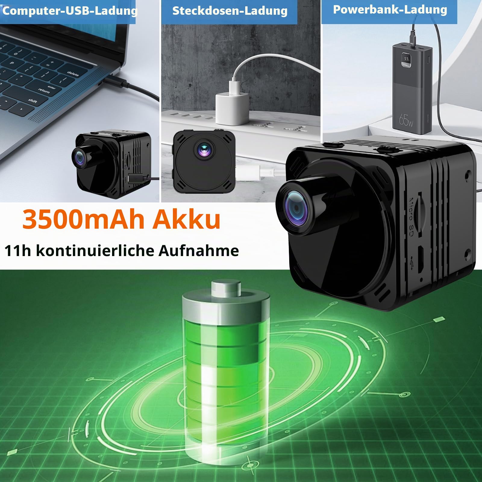 Mini HD Kamera 4K WiFi mit Akku, Nachtsicht & Bewegungserkennung | 3000mAh, 11h Laufzeit, 160° Weitwinkel, 256GB SD, Loop-Aufnahme