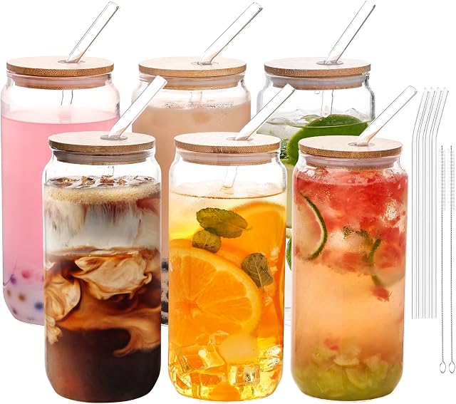 YUNCANG 6 Pack Bamboo Lid Glass Drinking Glasses with Glass Straw - 20-ounce Can Shaped Glassware for Beer, Iced Coffee, Cocktails, Whiskey, and More, Perfect for Cocktails, Whiskey, and Gifting
