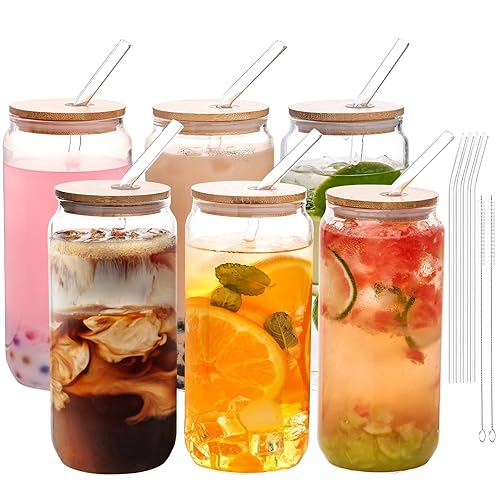 YUNCANG 6 Pack Bamboo Lid Glass Drinking Glasses with Glass