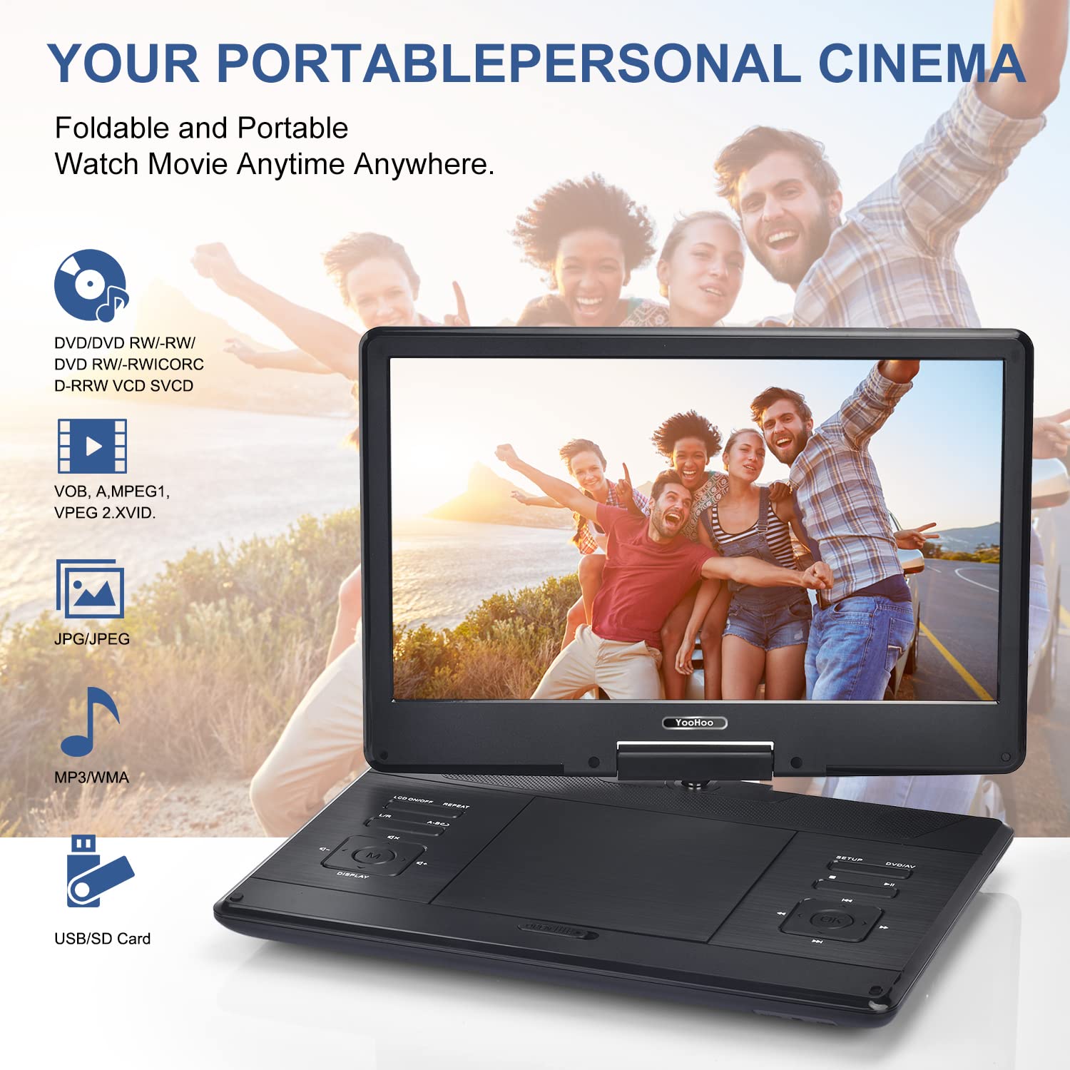 YOOHOO16.9'' Portable DVD Player with 14.1'' Large Swivel Screen, with Rechargeable Battery,Mobile DVD Player for Kids,Sync TV, Support USB SD Card with Car Charger(Black)