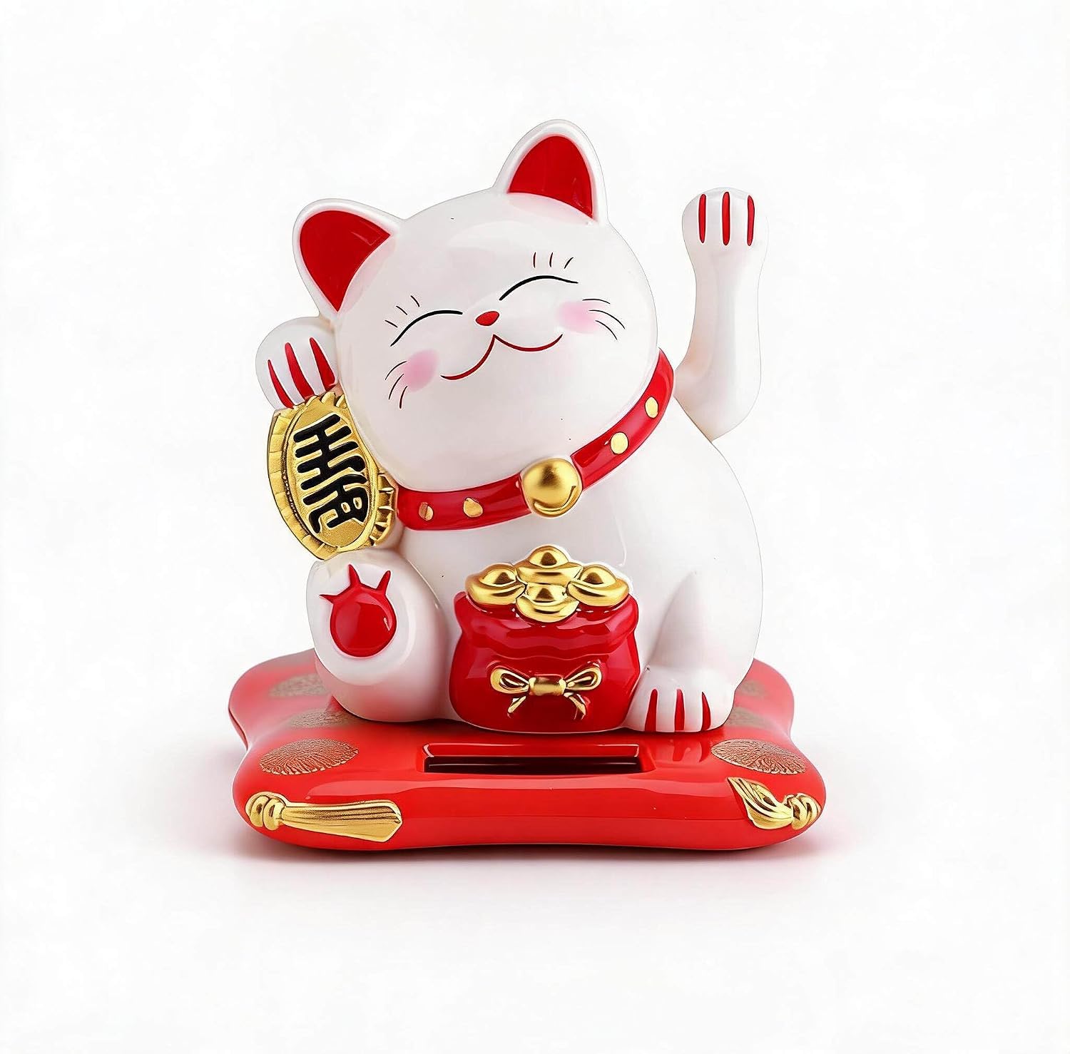 Waving Cat, Solar Powered Cute Waving Cat Good Luck Wealth Welcoming Cats Home Display Car Decor Feng Shui Decoration (White)