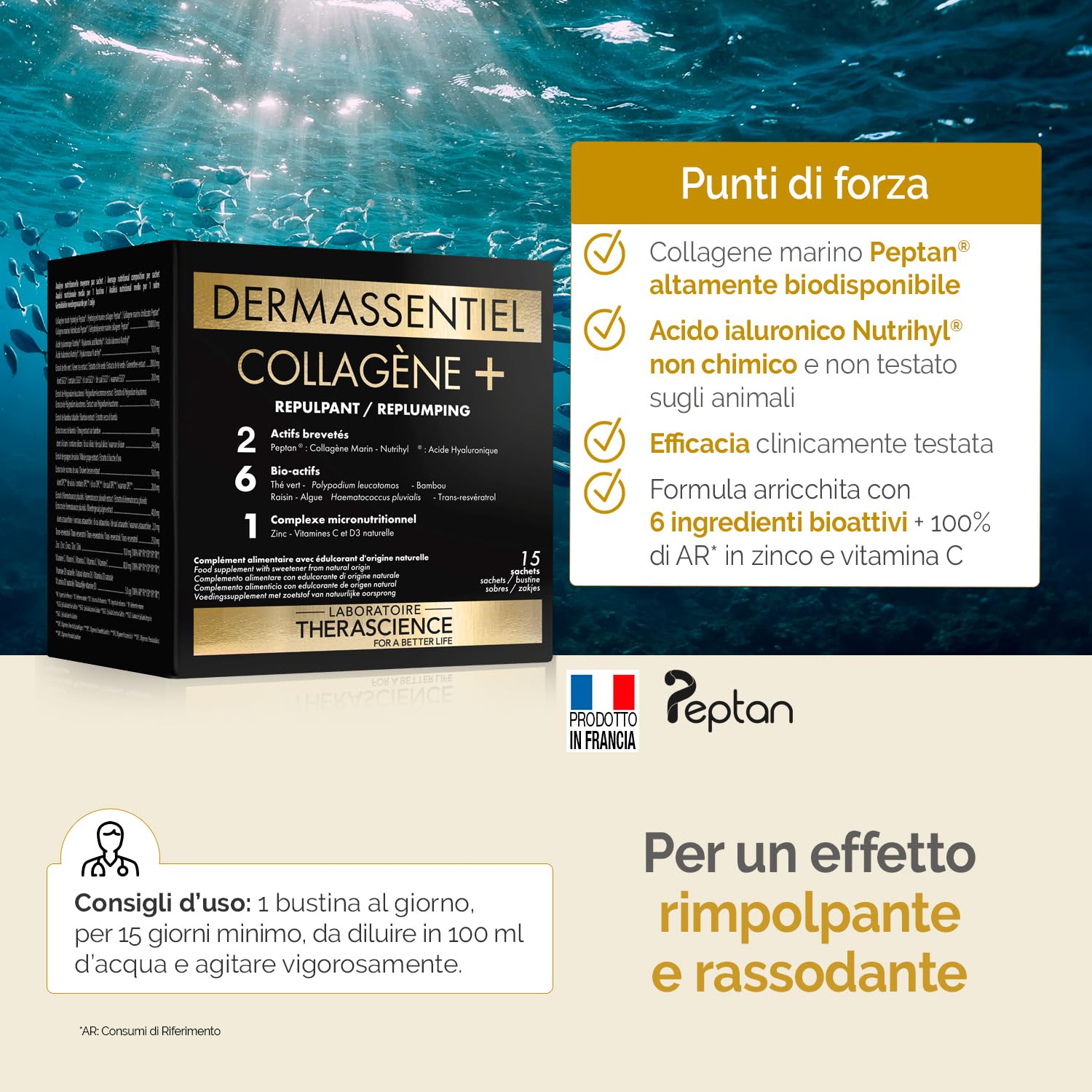 DERMASSENTIEL COLLAGENE+ | Rimpolpa e Rassoda | 10 g di Collagene marino idrolizzato Peptan® | Acido ialuronico Nutrihyl® | 6 Bio-attivi | Zinco + Vitamina C | 15 bustine | Laboratoire THERASCIENCE