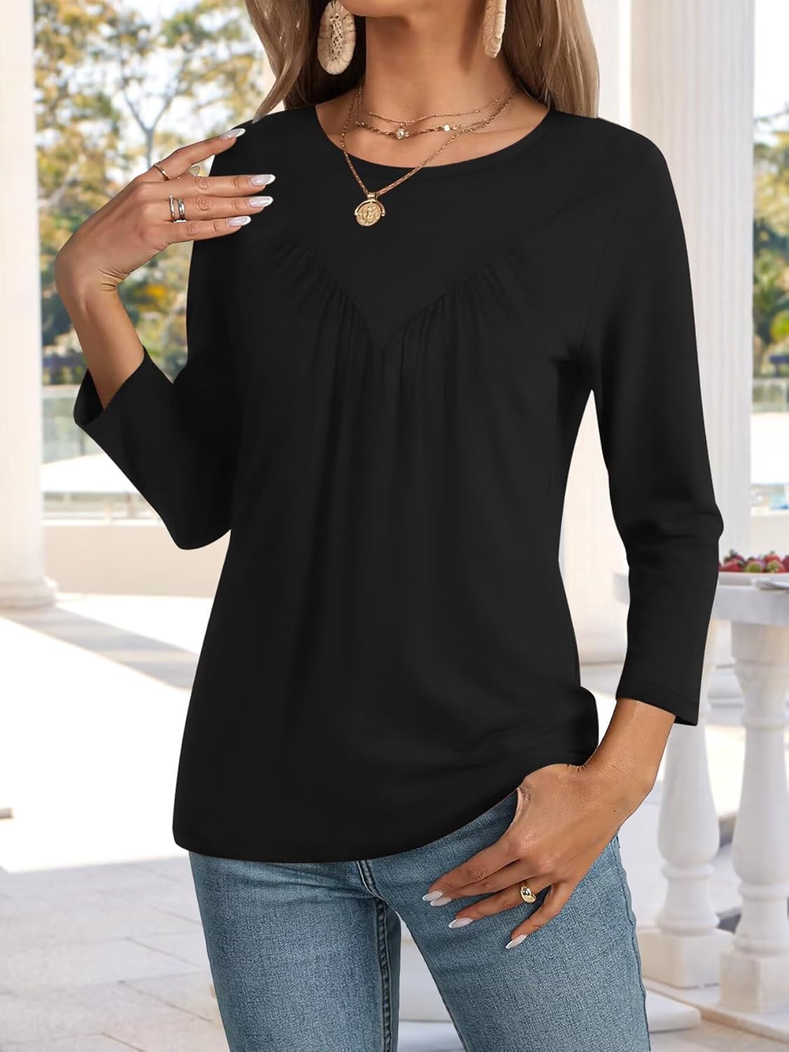 Womens Tops 3/4 Sleeve T Shirts Summer Spring Fall 2026 Basic Casual Ruched Blouses Fashion Trendy Outfits Clothes - Image 3