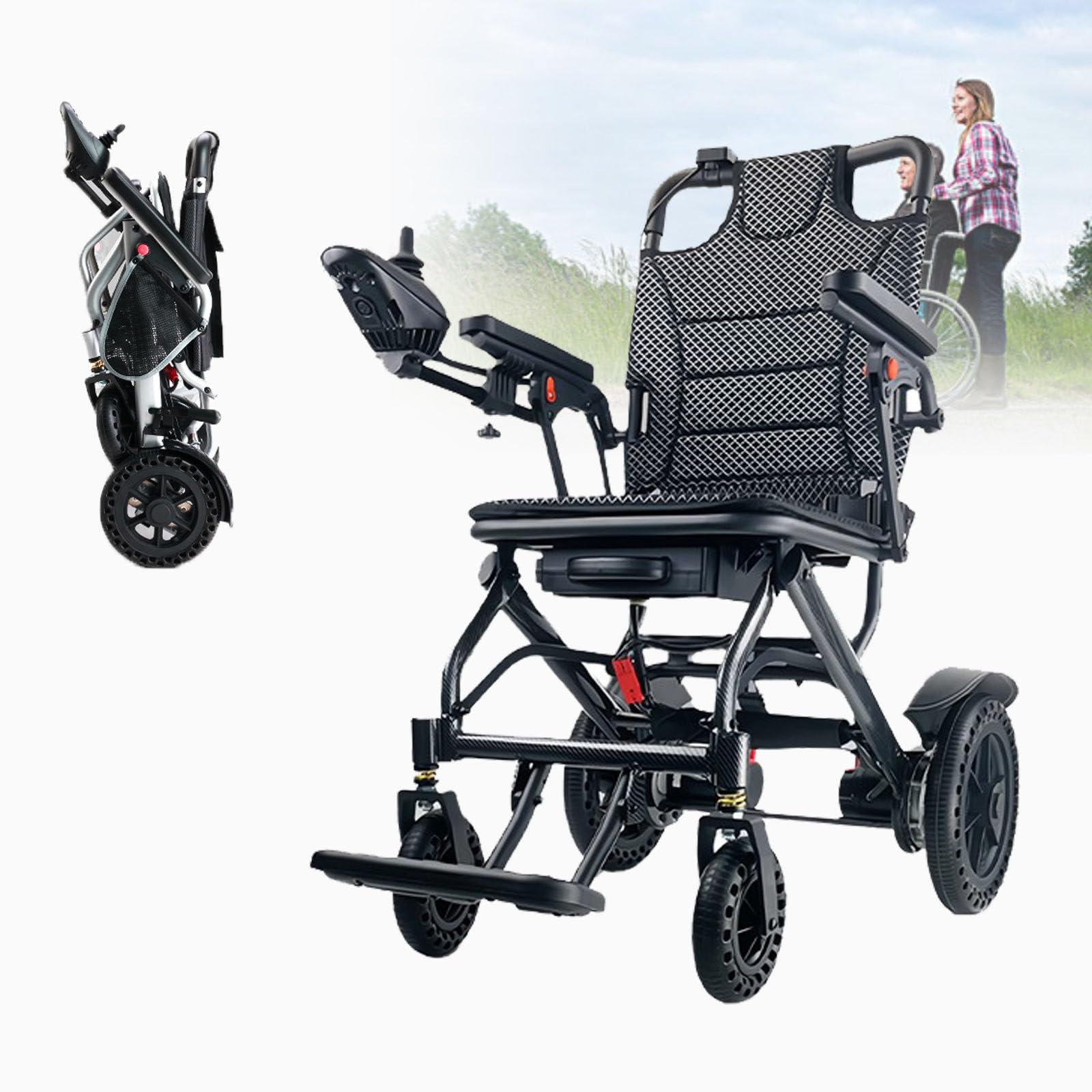 Silla de ruedas motorizada plegable: diseño ultraligero de 36 libras con motores duales sin escobillas y capacidad de terreno, marco de aluminio apto para aerolíneas que soporta 220 libras para un