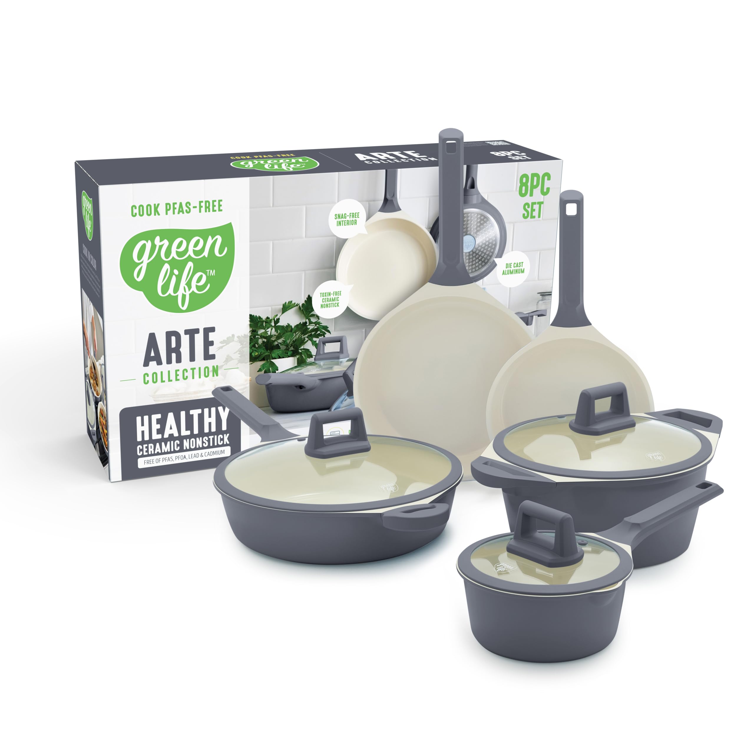 GreenLife Arte 8 Piece Ceramic Nonstick Cookware Pots and Pans Set, Induction Suitable, PFOA & PFAS Free, Stay-Cool Handles, Glass Lids, Stock Saucepans & Frying Pans, Dishwasher Safe, Graphite